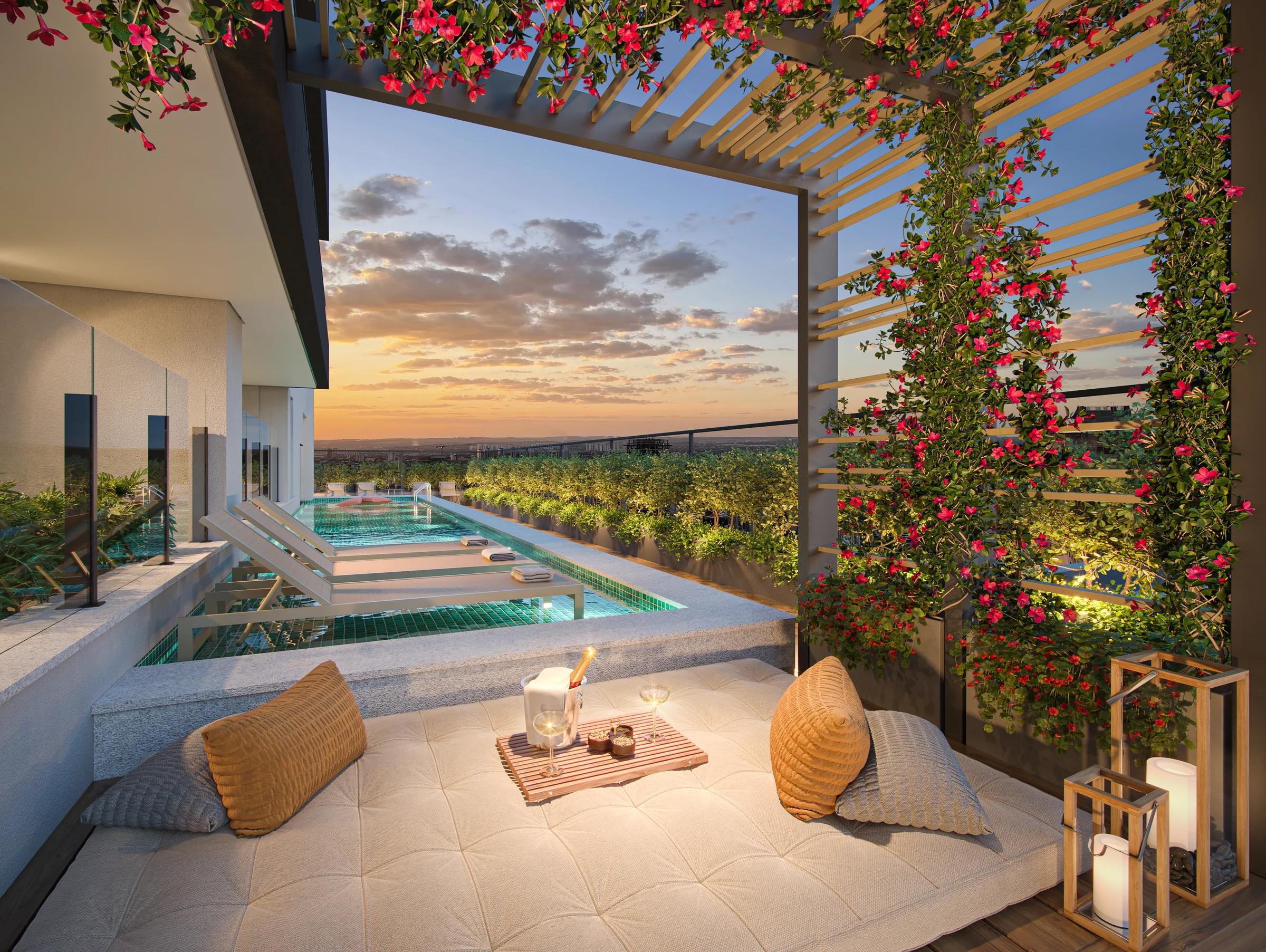 Perspectiva da piscina adulto com deck