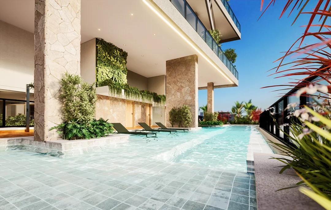 Piscina climatizada com borda infinita e raia de 20m