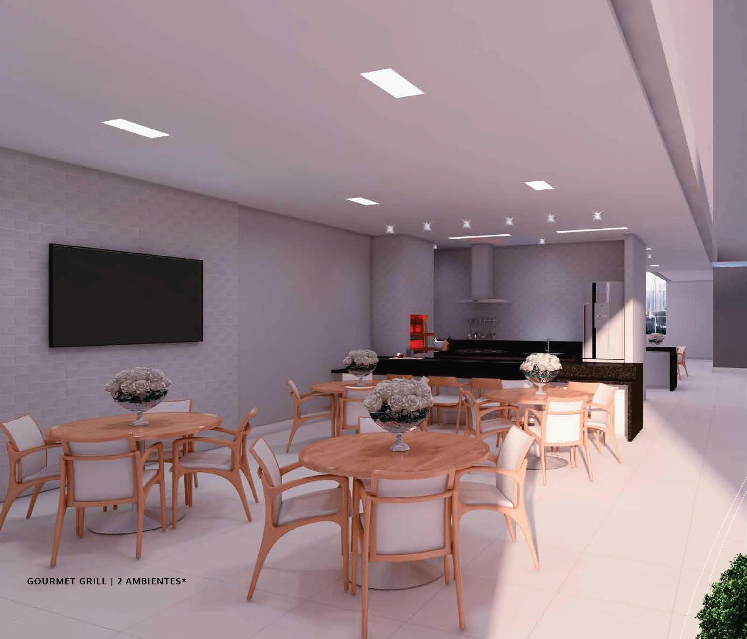 Espaço gourmet grill com mesas de refeição e bancada de apoio