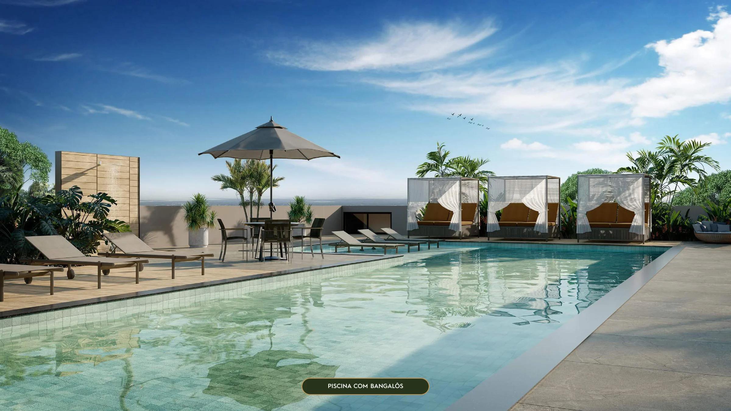 Piscina com bangalôs