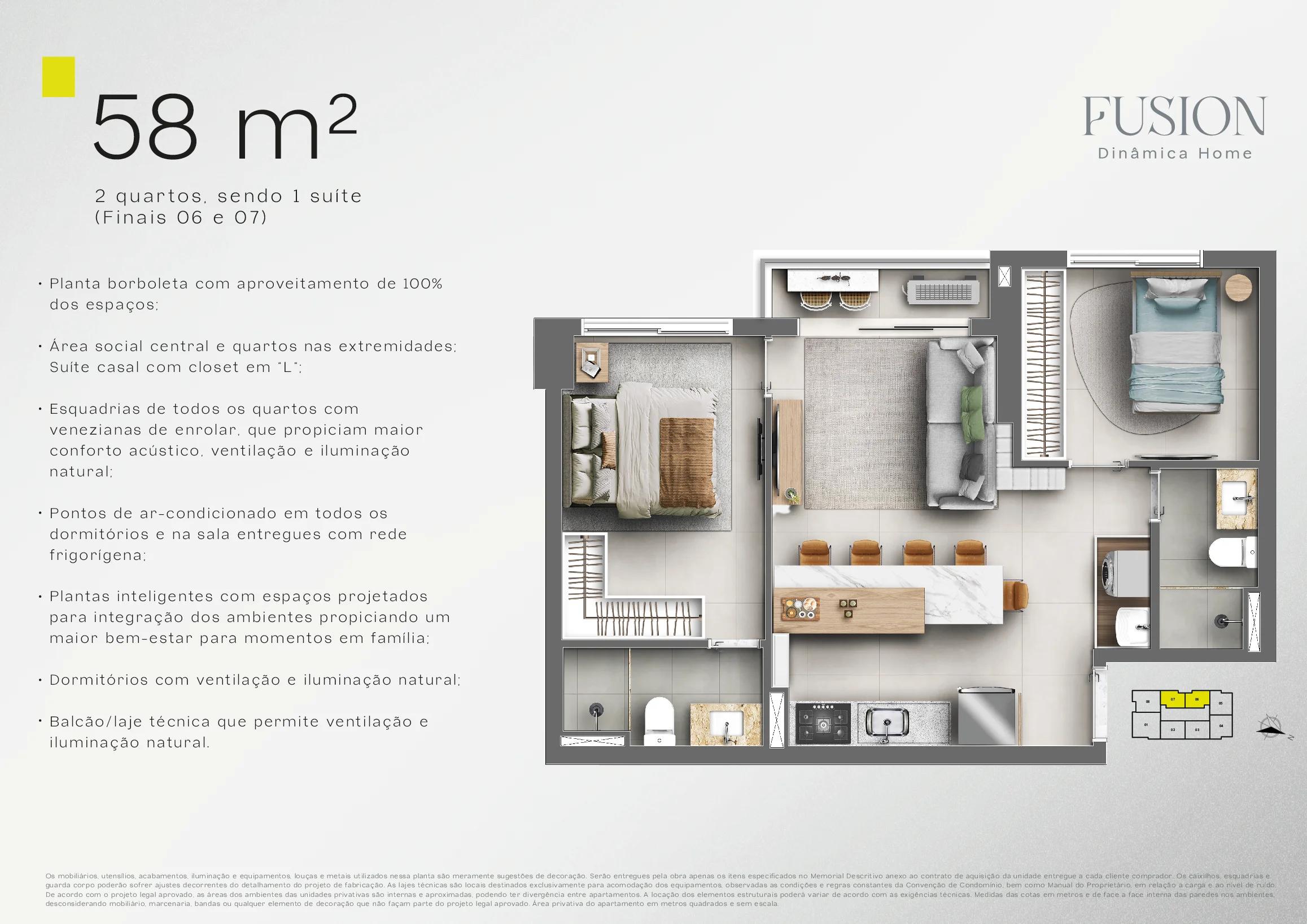 Planta — Apartamento 58m² - 2 Quartos (1 Suíte) — Pavimento inferior