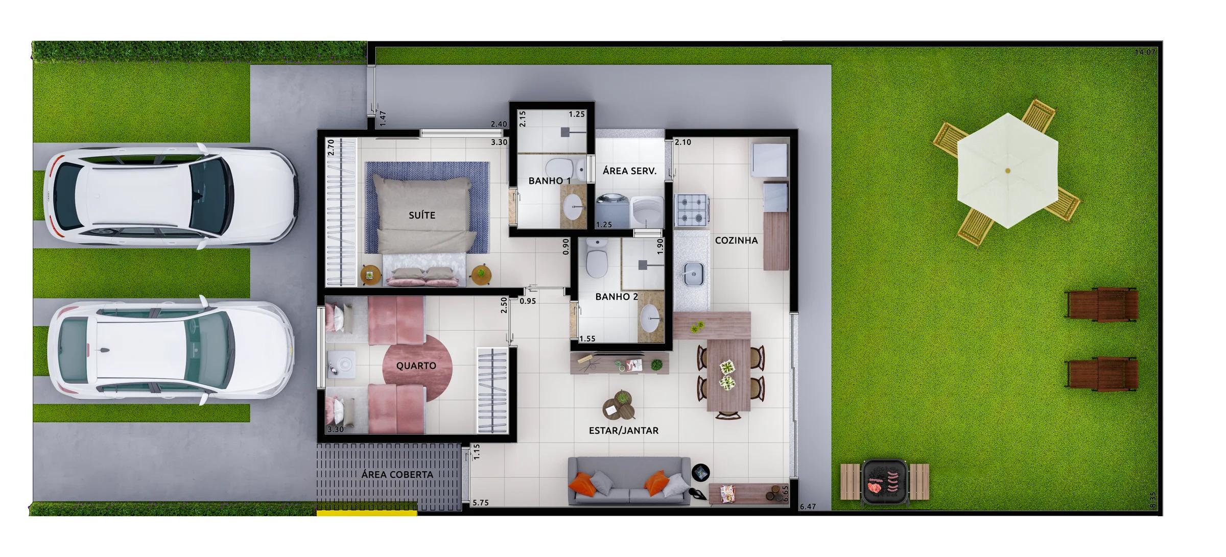 Planta — Casa Térrea 2 Quartos com Suíte — Pavimento inferior