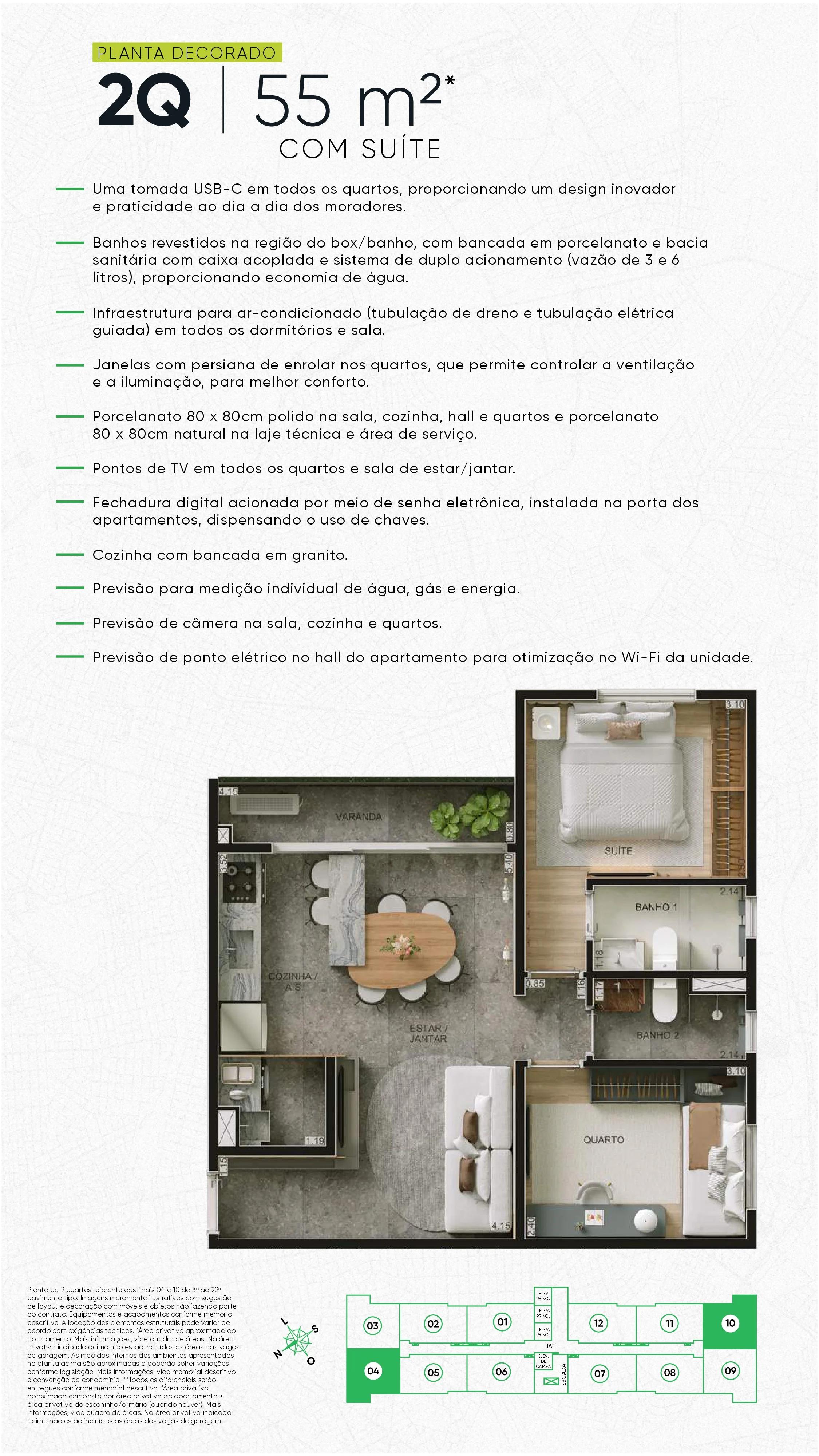 Planta — 2 Quartos com Suíte - 54m² a 59m² — Pavimento inferior