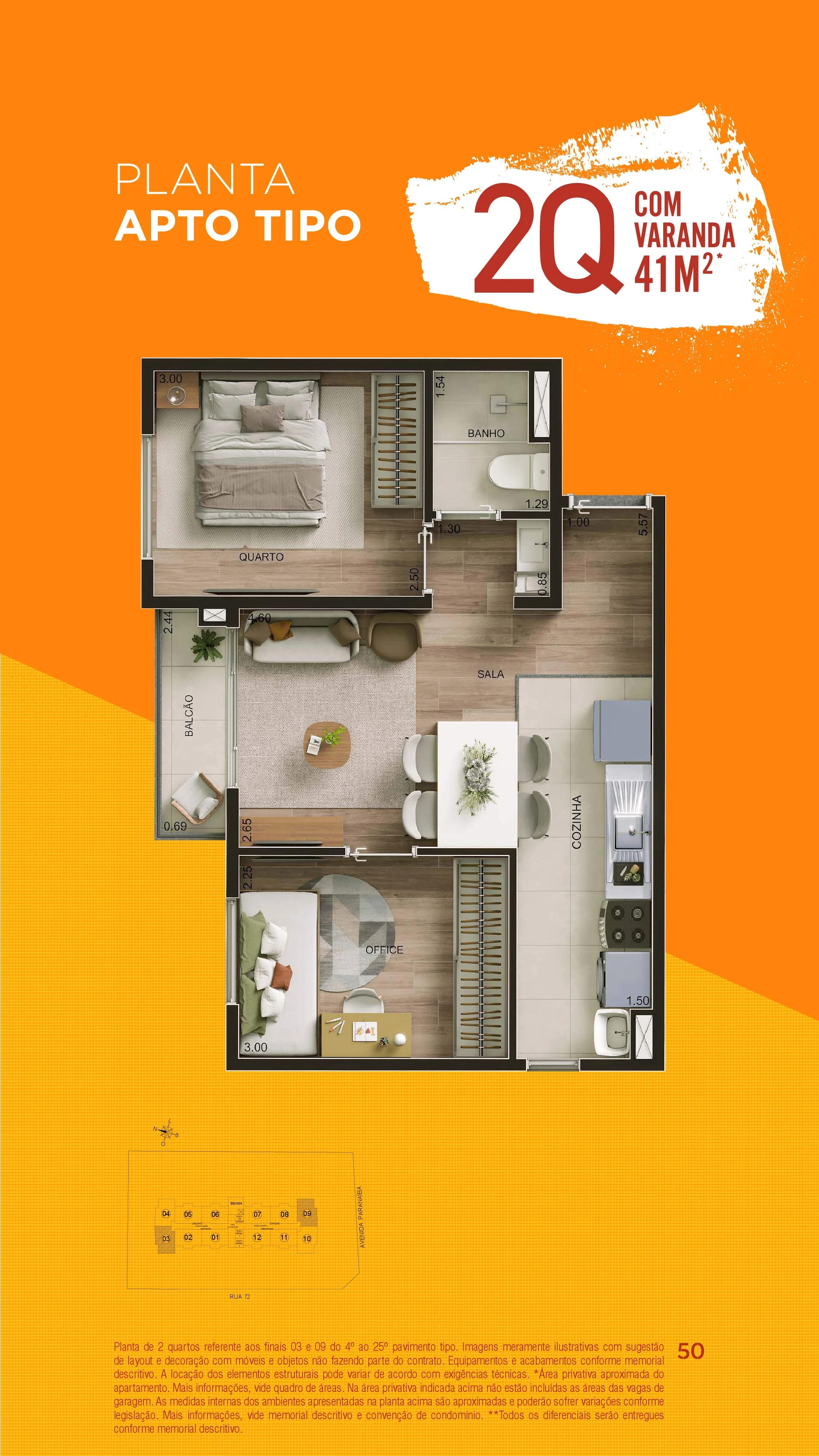 Planta — Apartamento 2 Quartos com Varanda 39m² a 45m² — Pavimento inferior