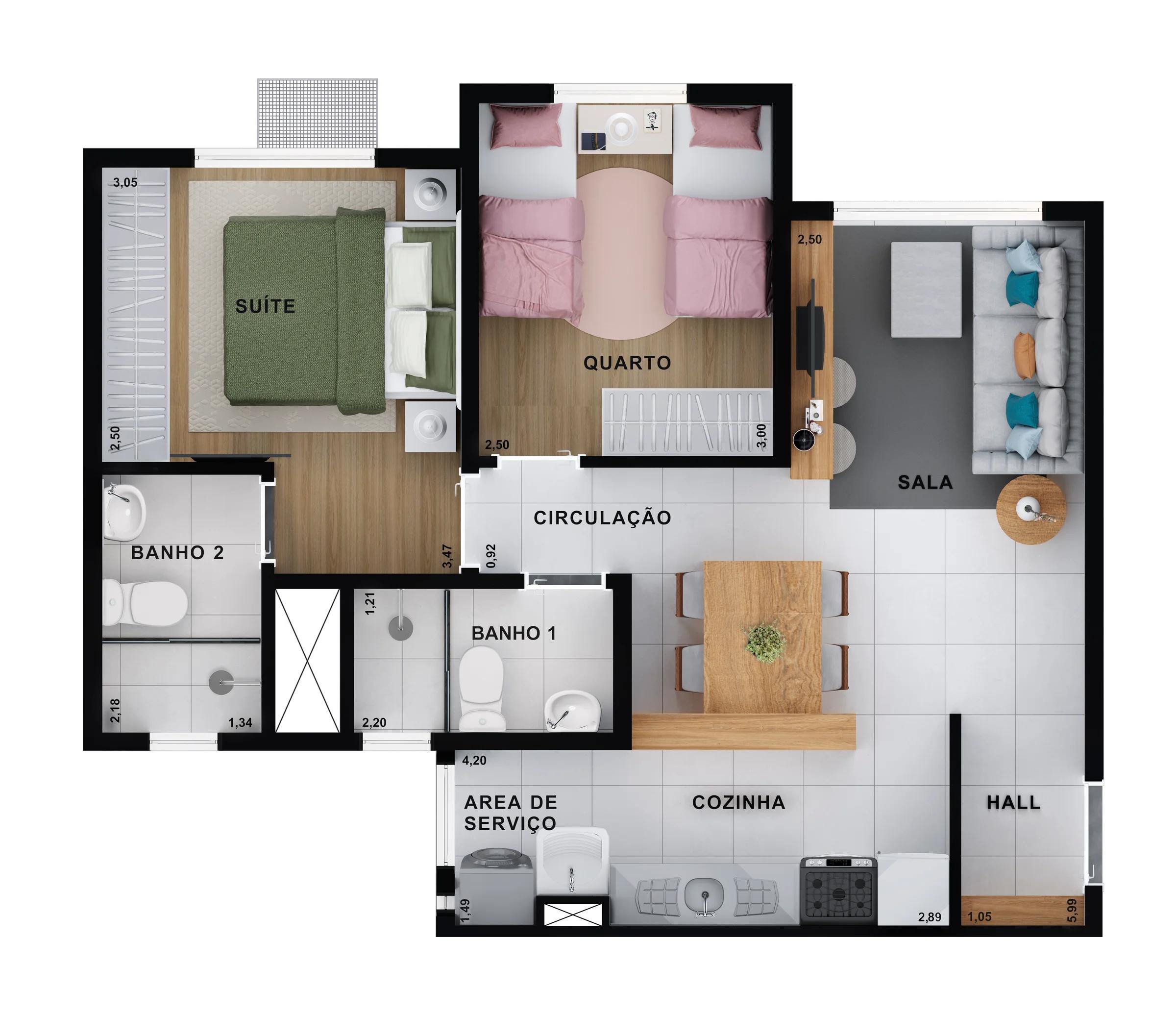 Planta — Apartamento 2 Quartos com Suíte (51m² a 53m²) — Pavimento inferior