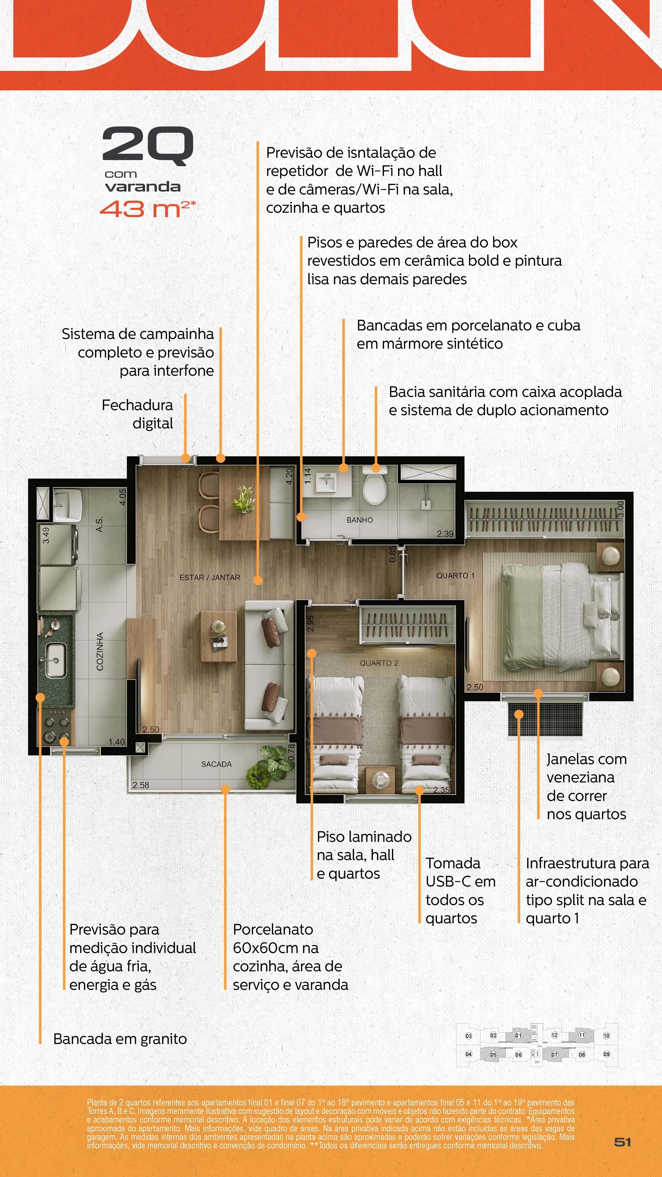 Planta — Apartamento 2 Quartos com Varanda 43m² — Pavimento inferior