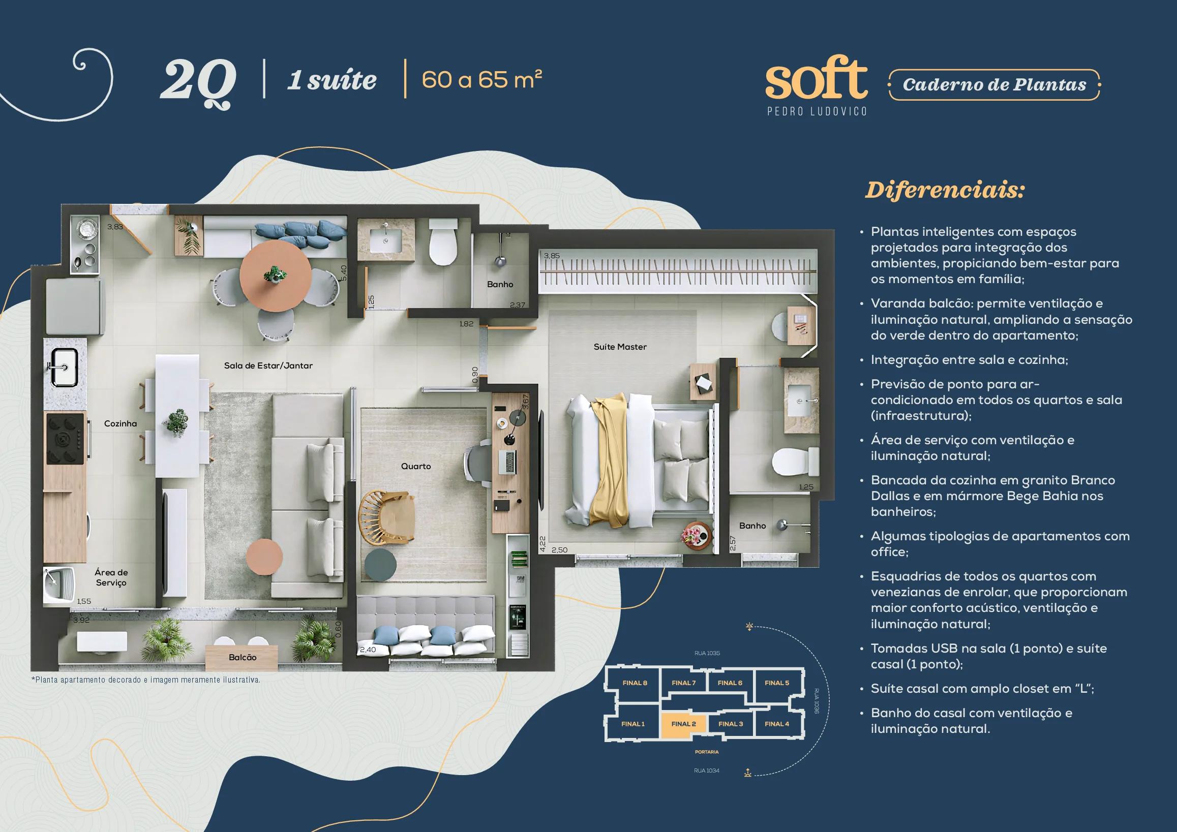 Planta — Apartamento 2 Quartos (1 Suíte) - 60m² a 66m² — Pavimento inferior