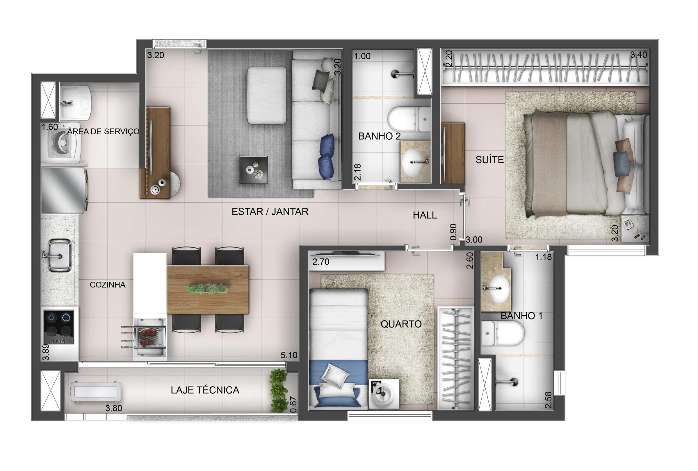 Planta — Apartamento 2 Quartos com Suíte - 58m² — Pavimento inferior