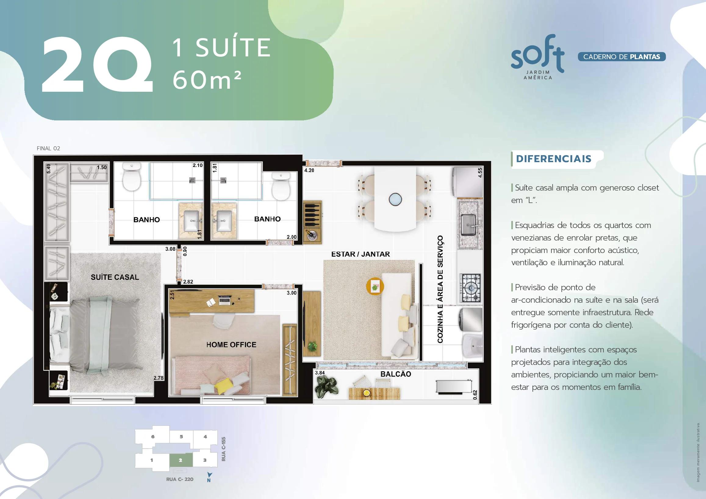 Planta — Apartamento 2 Quartos (1 Suíte) - 60m² — Pavimento inferior
