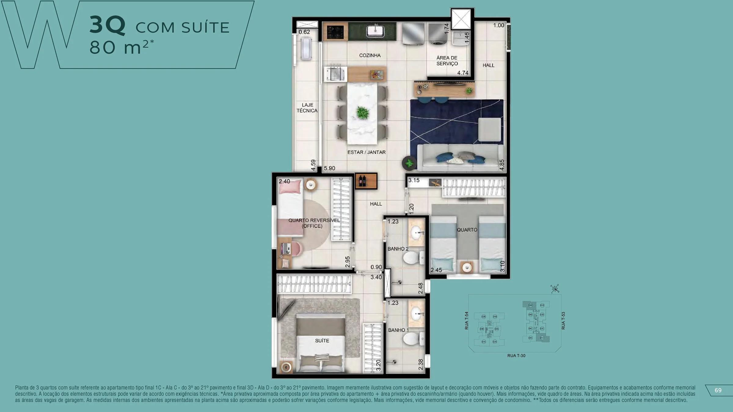 Planta — Apartamento 2 Suítes - 69 m² — Pavimento inferior