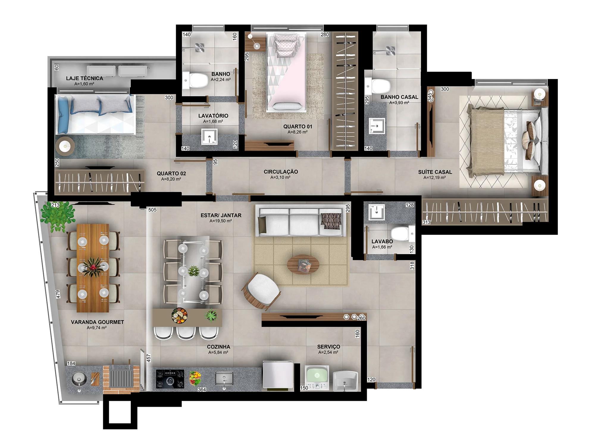 Planta — Apartamento 94m² - 3 Suítes (2 Americanas) — Pavimento inferior