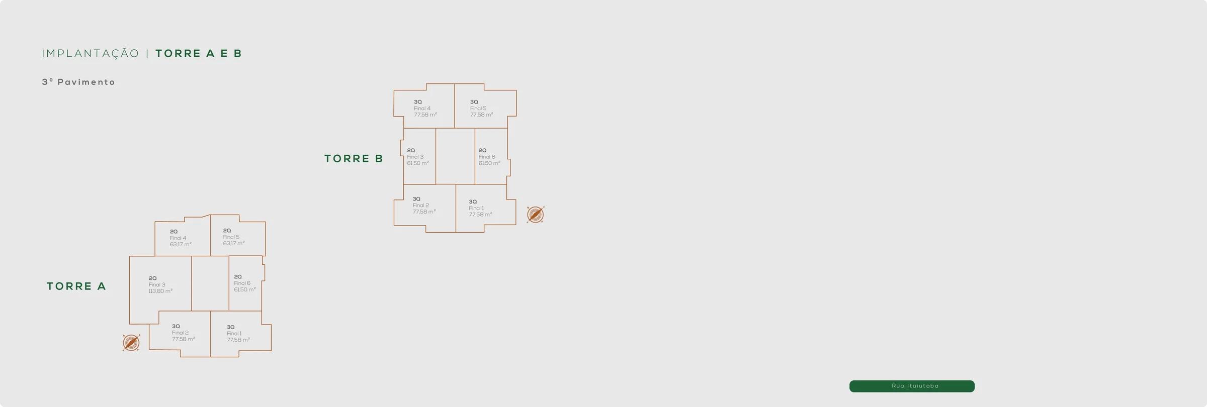 Planta — Apartamento 2 Quartos com Suíte - 61 a 63 m² — Pavimento inferior