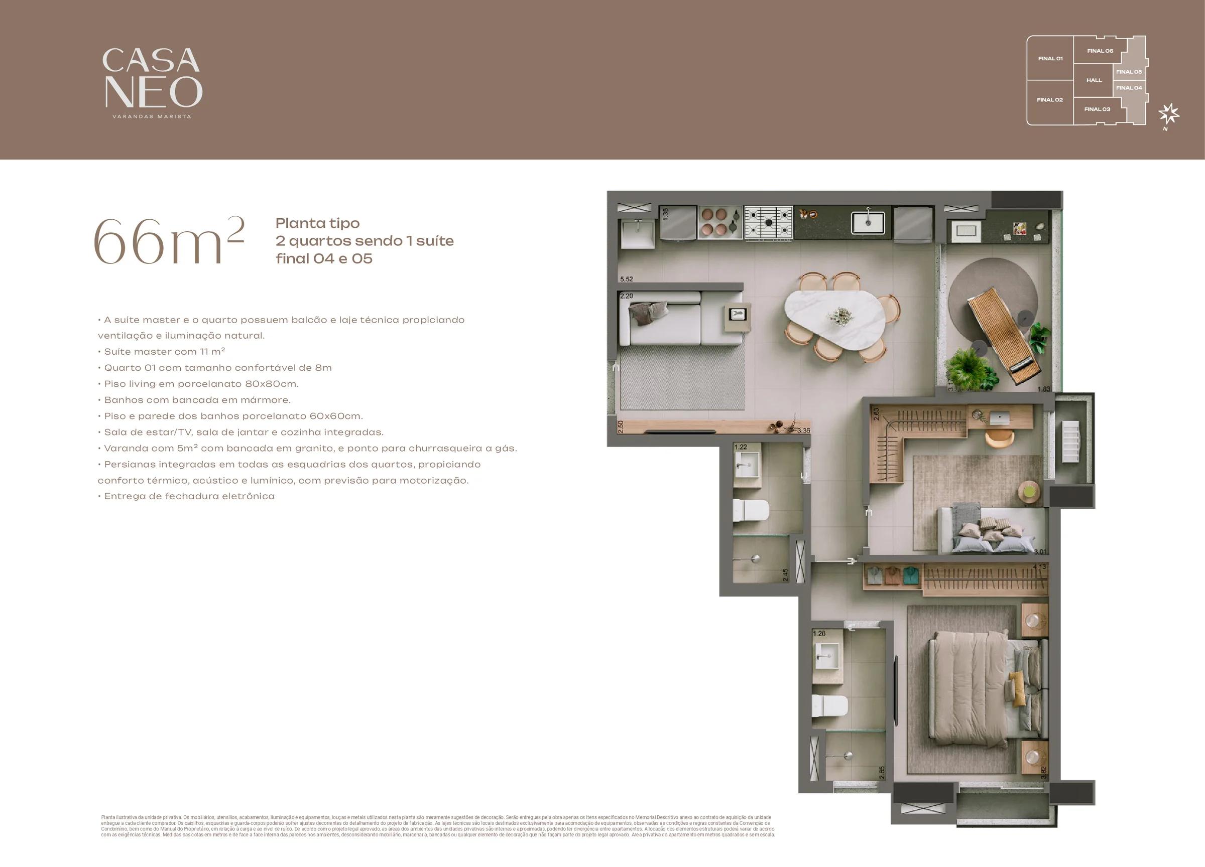 Planta — Apartamento 66m² - 2 Quartos (1 Suíte) — Pavimento inferior