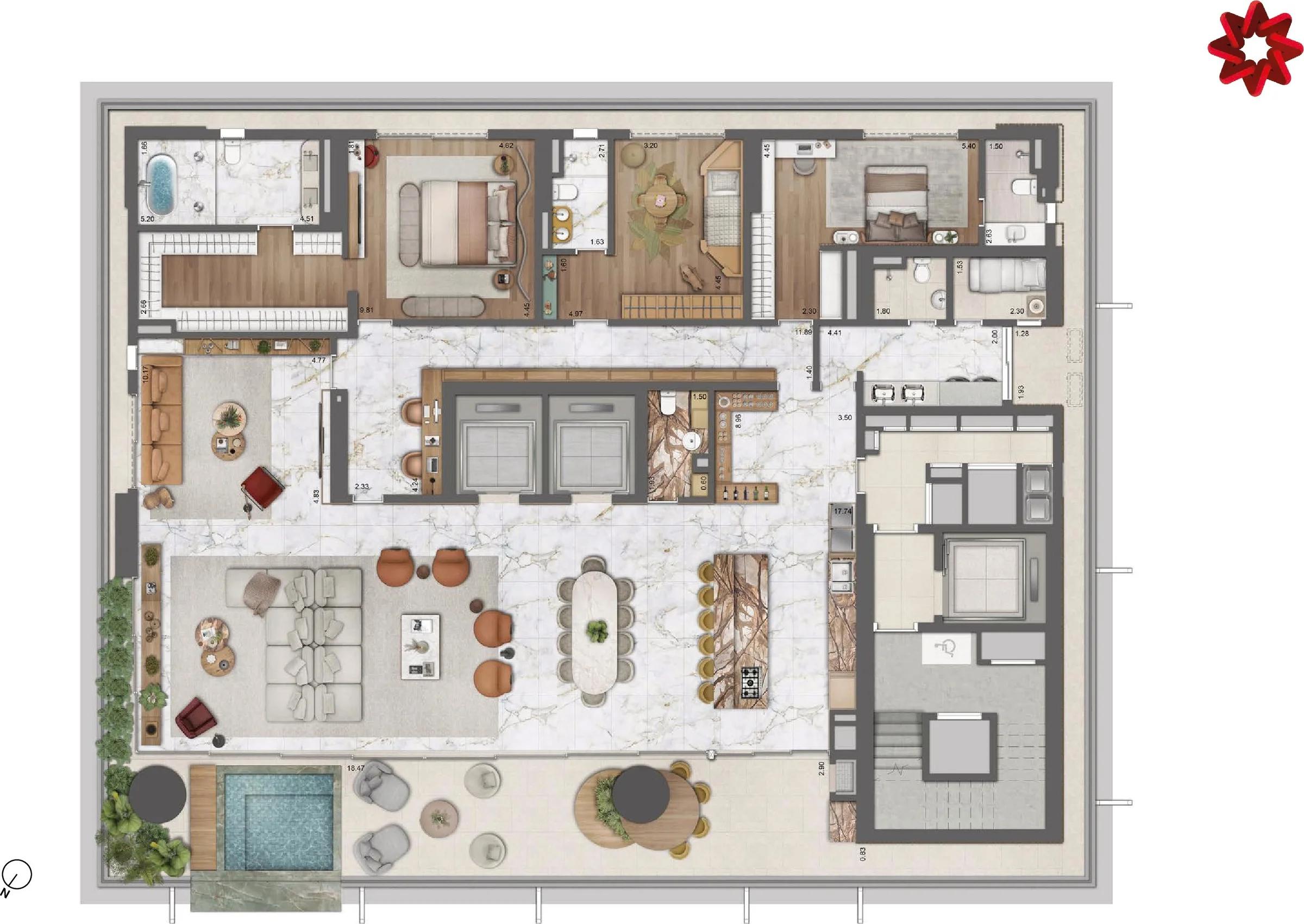 Planta — Apartamento 420m² — 3 Suítes — Opção decorado