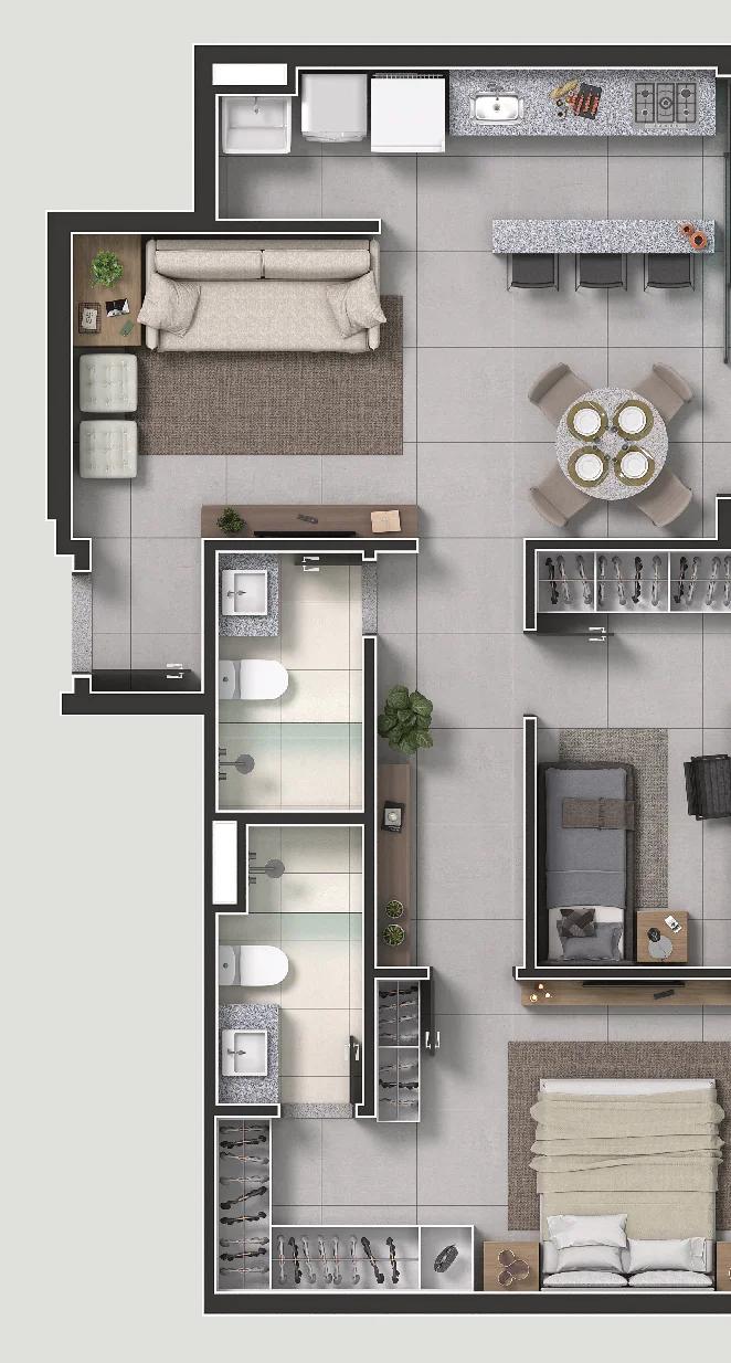 Planta — Apartamento 2 Quartos (1 Suíte) 67m² — Pavimento inferior