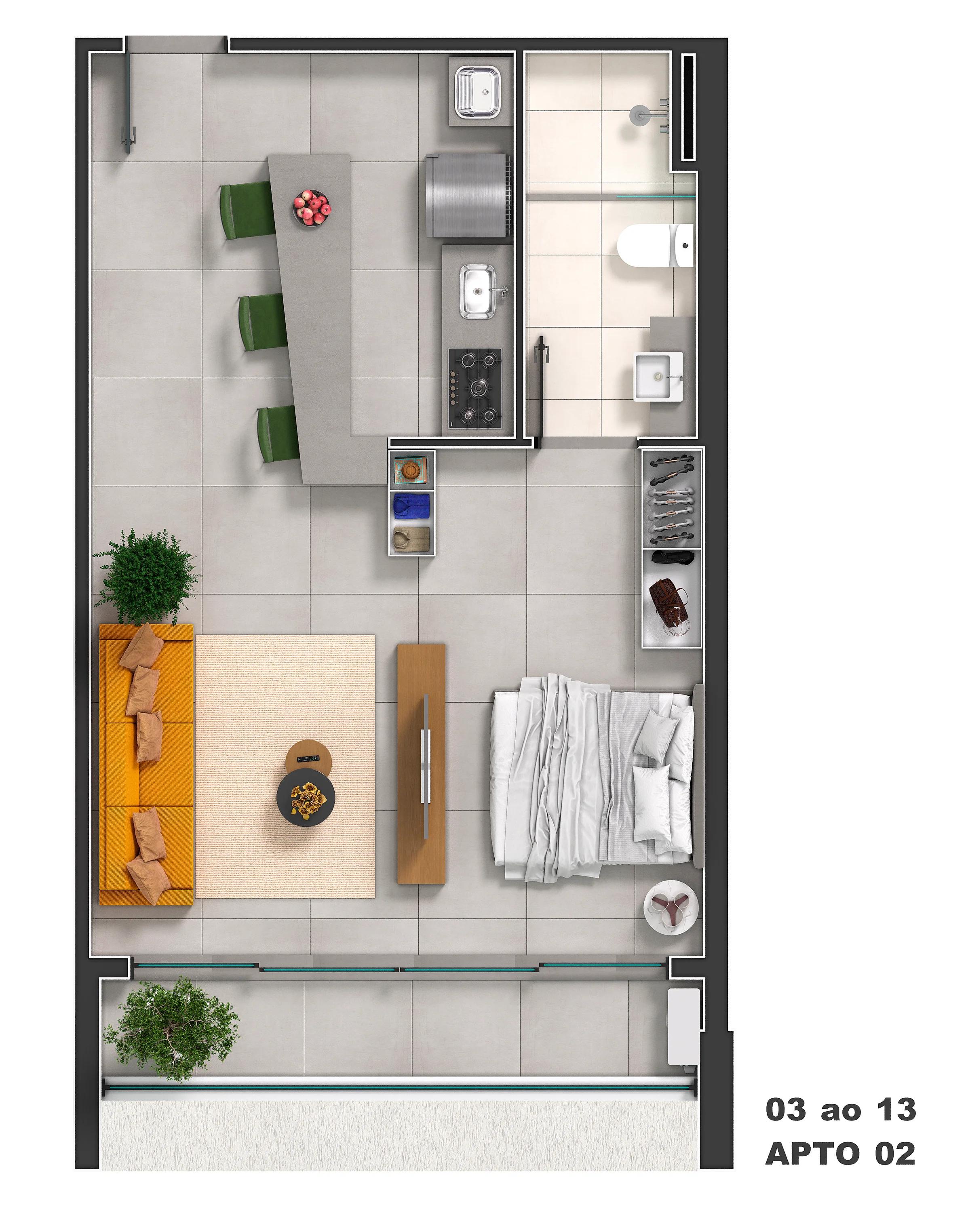 Planta — Apartamento 1 Quarto - 45m² a 60m² — Final 03 e 07 (47,17 m²)