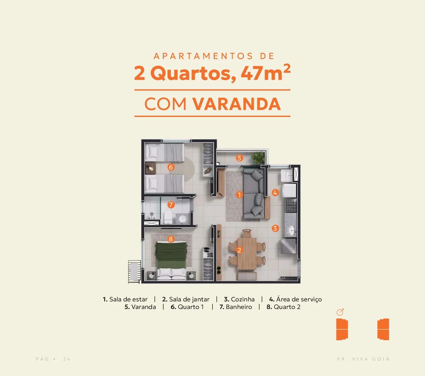 Planta — Apartamento 2 Quartos - 47m² com Varanda — Pavimento inferior