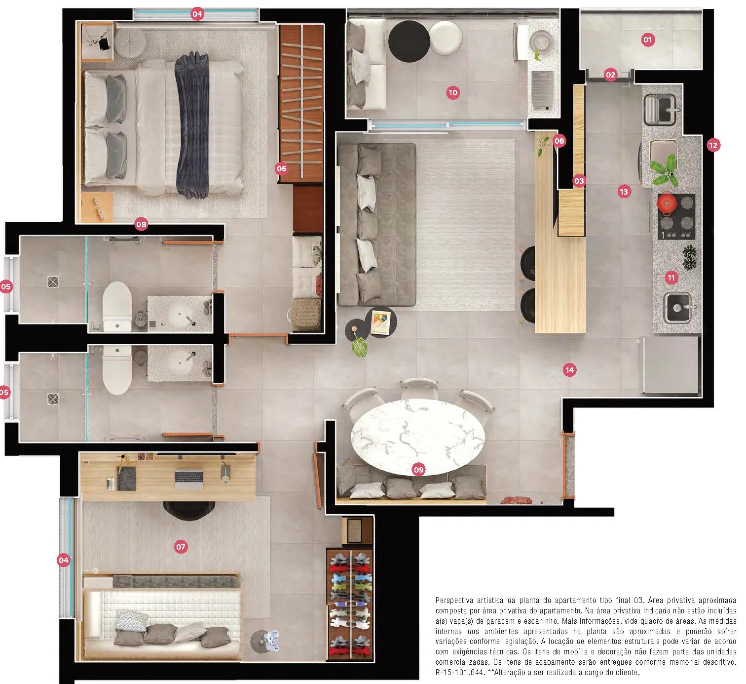 Planta — Apartamento 2 Quartos com 1 Suíte - 57,90m² a 59,30m² — Pavimento inferior