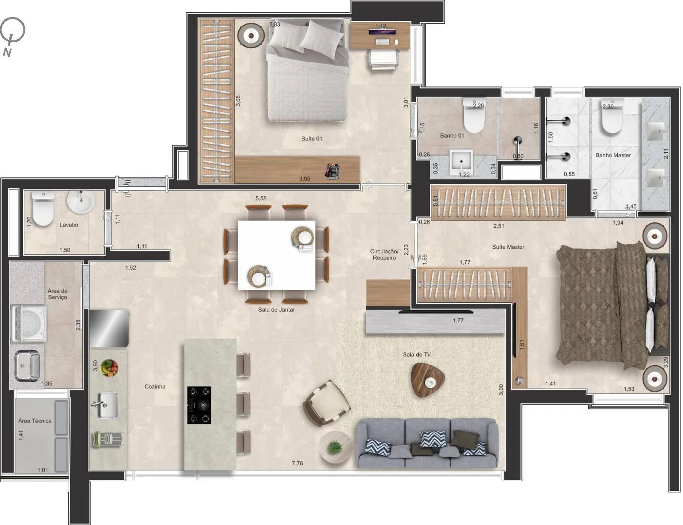 Planta — Allegro 88m² a 89m² (Finais 01 e 04) - 2 Suítes — Pavimento inferior