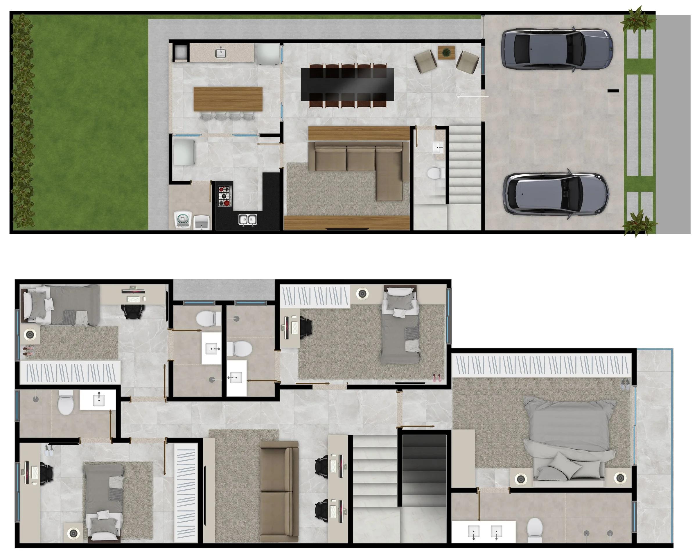 Planta — Sobrado 4 Suítes 191m² — Pavimento inferior