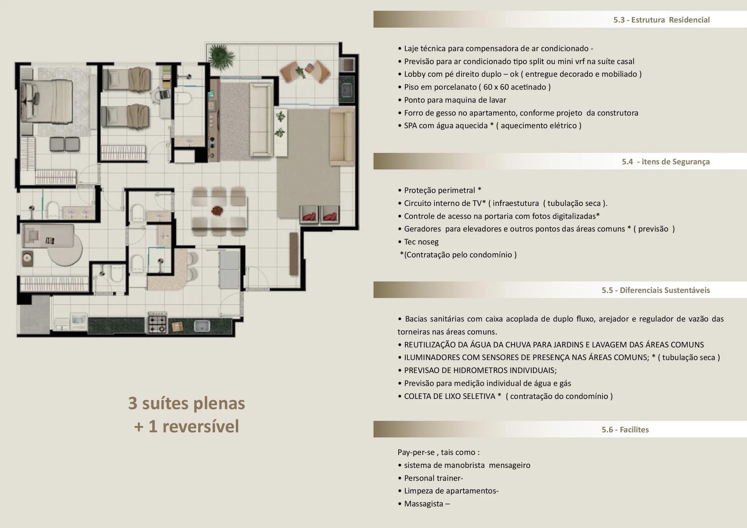 Planta — Apartamento 3 Suítes + 1 Reversível — Pavimento inferior