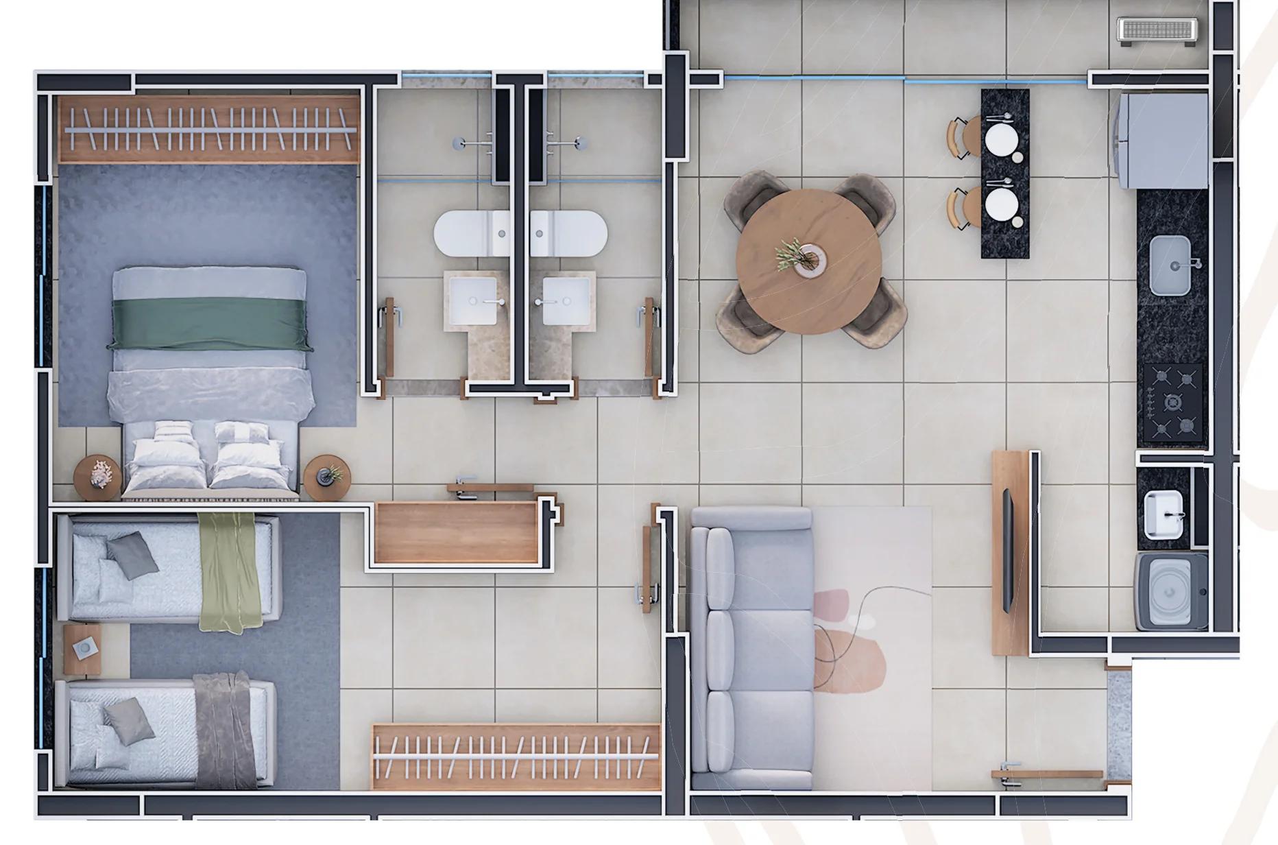 Planta — Apartamento 2 Quartos com Suíte - 62m² — Pavimento inferior