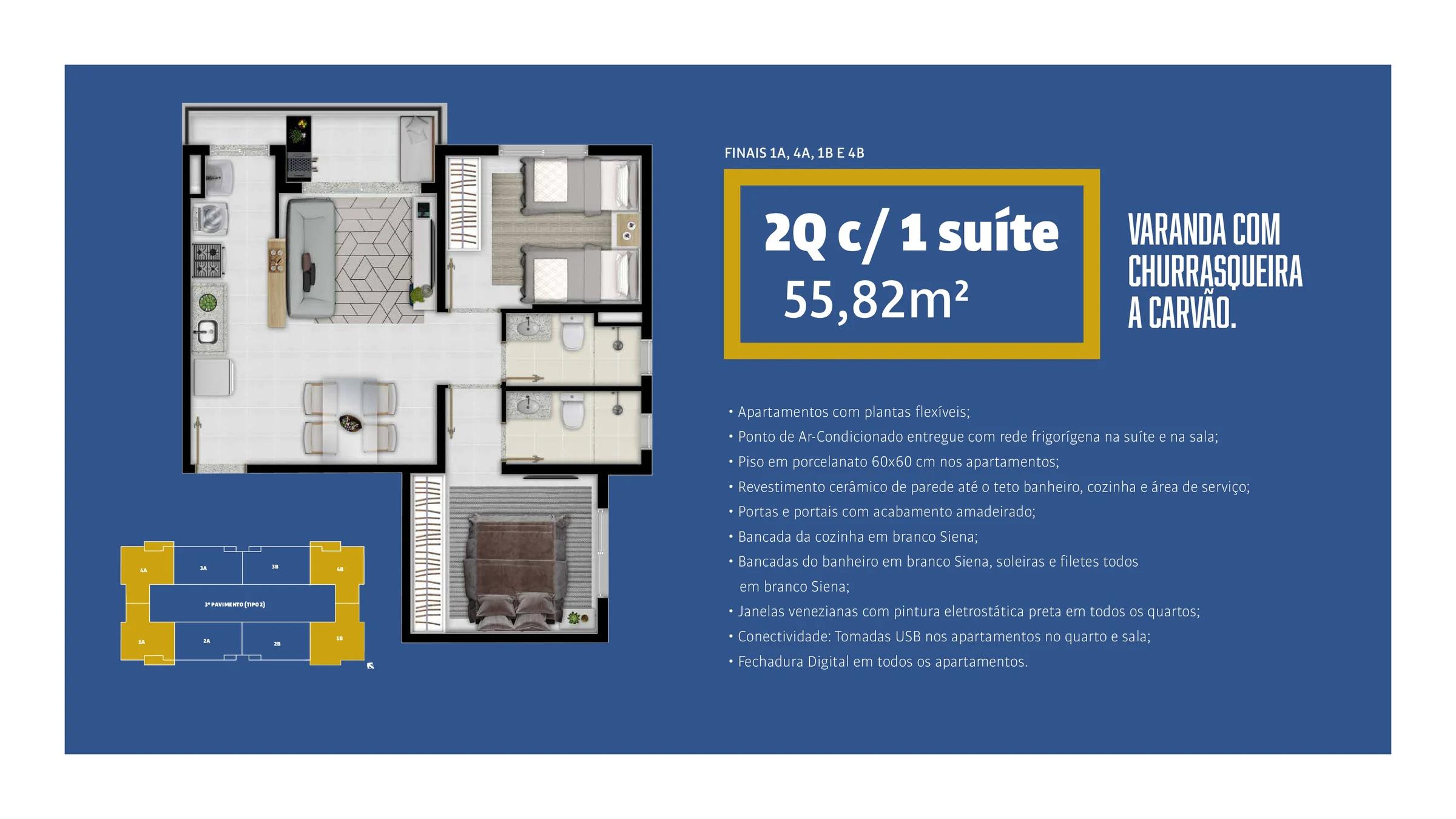 Planta — Apartamento 2 Quartos com Suíte - 53 a 55m² — Pavimento inferior