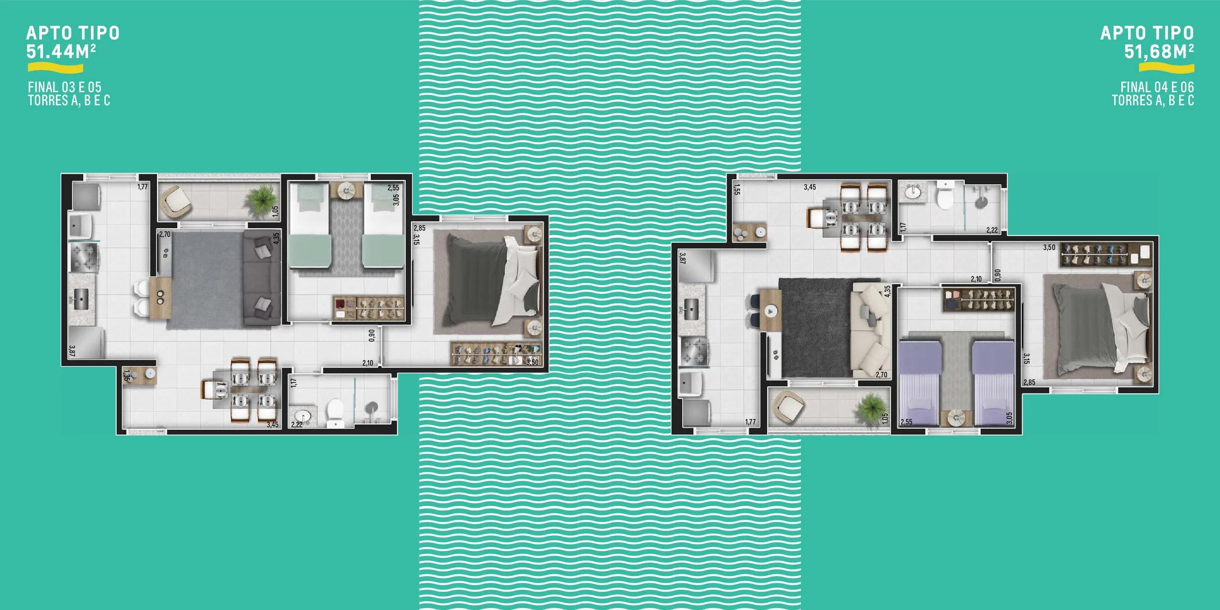Planta — Apartamento 2 Quartos com Varanda — Pavimento inferior
