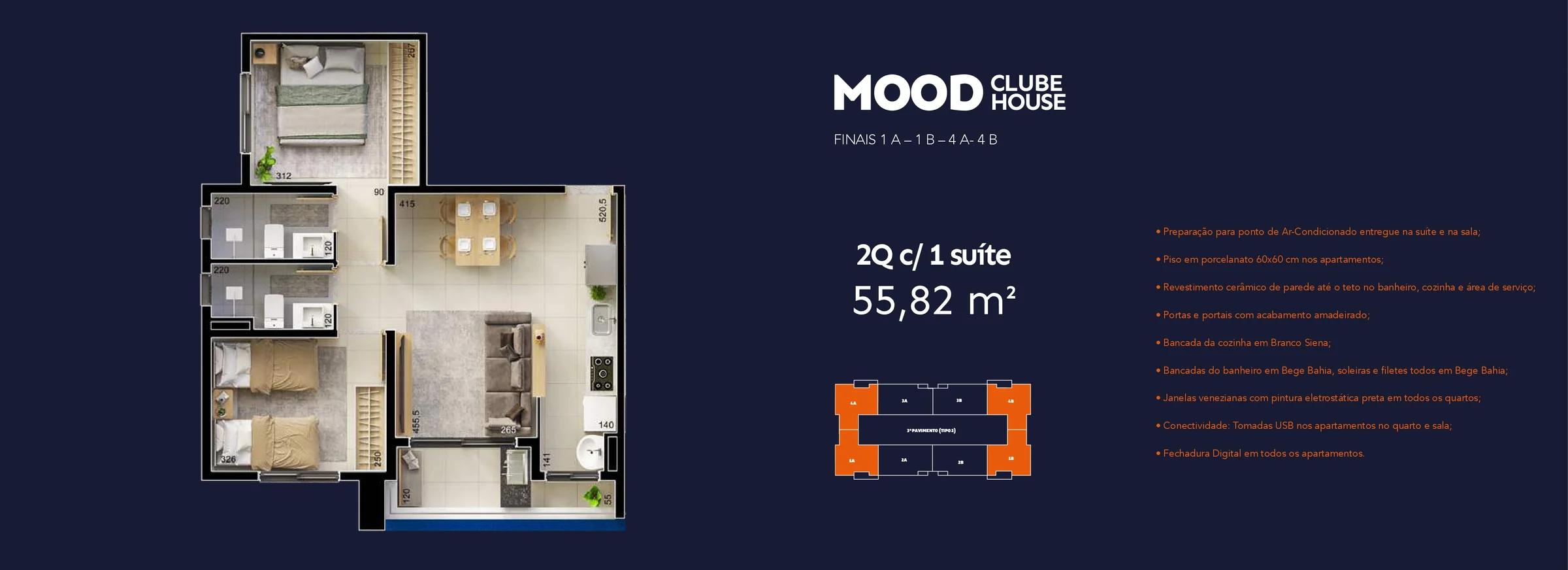 Planta — Apartamento 2 Quartos com 1 Suíte — Pavimento inferior