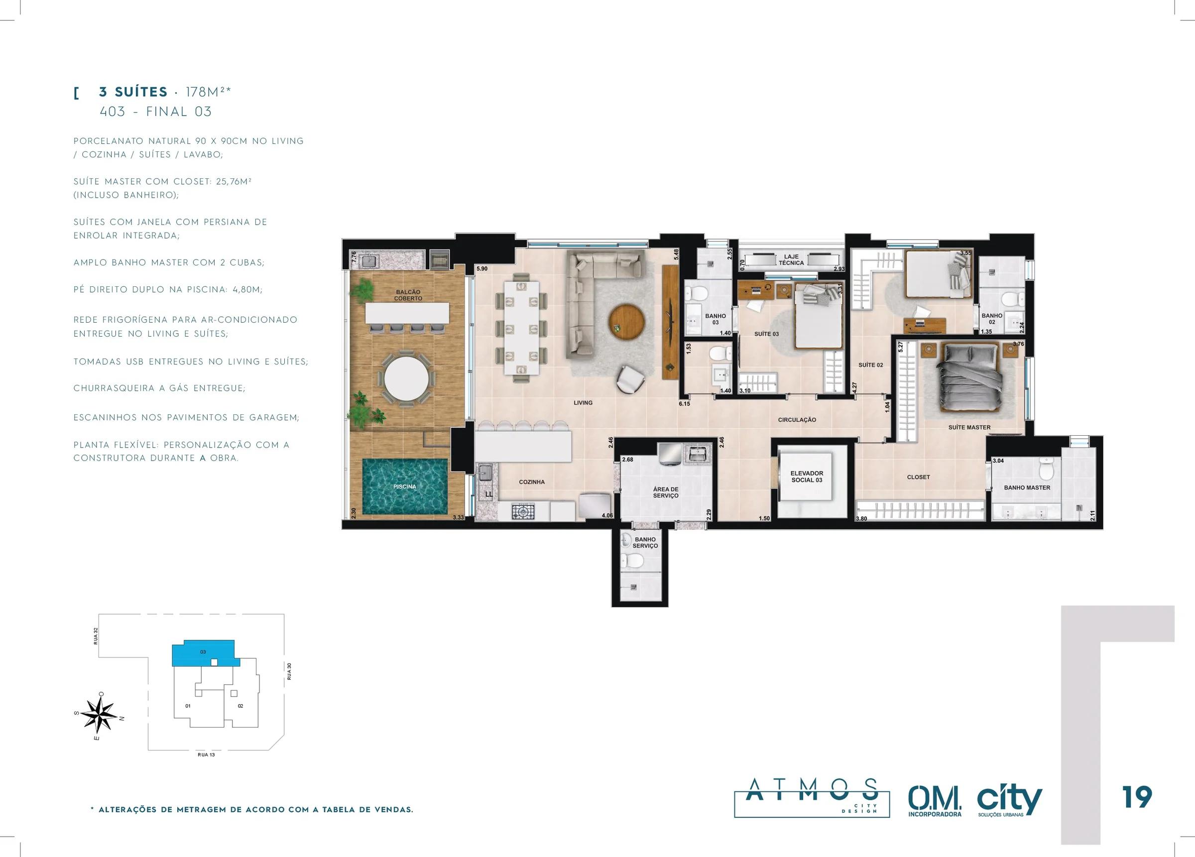 Planta — Apartamento 3 Suítes • 172m² a 178m² — Pavimento inferior