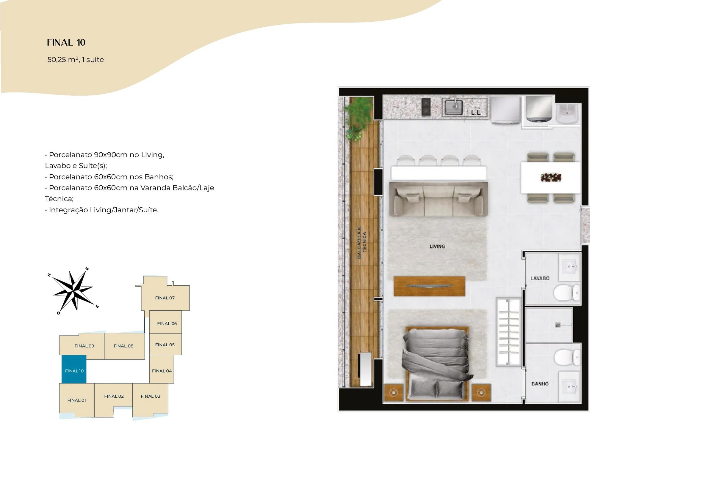 Planta — 1 Suíte - 49m² a 52m² (Finais 04, 05, 06 e 10) — Pavimento inferior