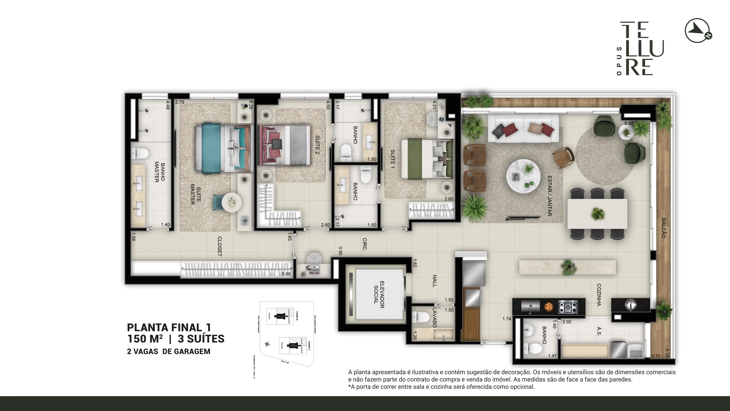 Planta — 2 ou 3 suítes — Final 1 · 3 suítes · 150 m²