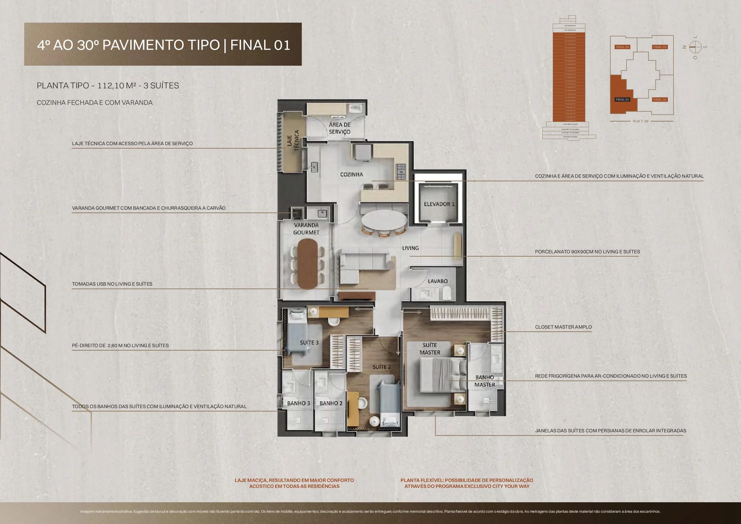 Planta — Apartamento 112m² a 113m² - 3 Suítes — Pavimento inferior
