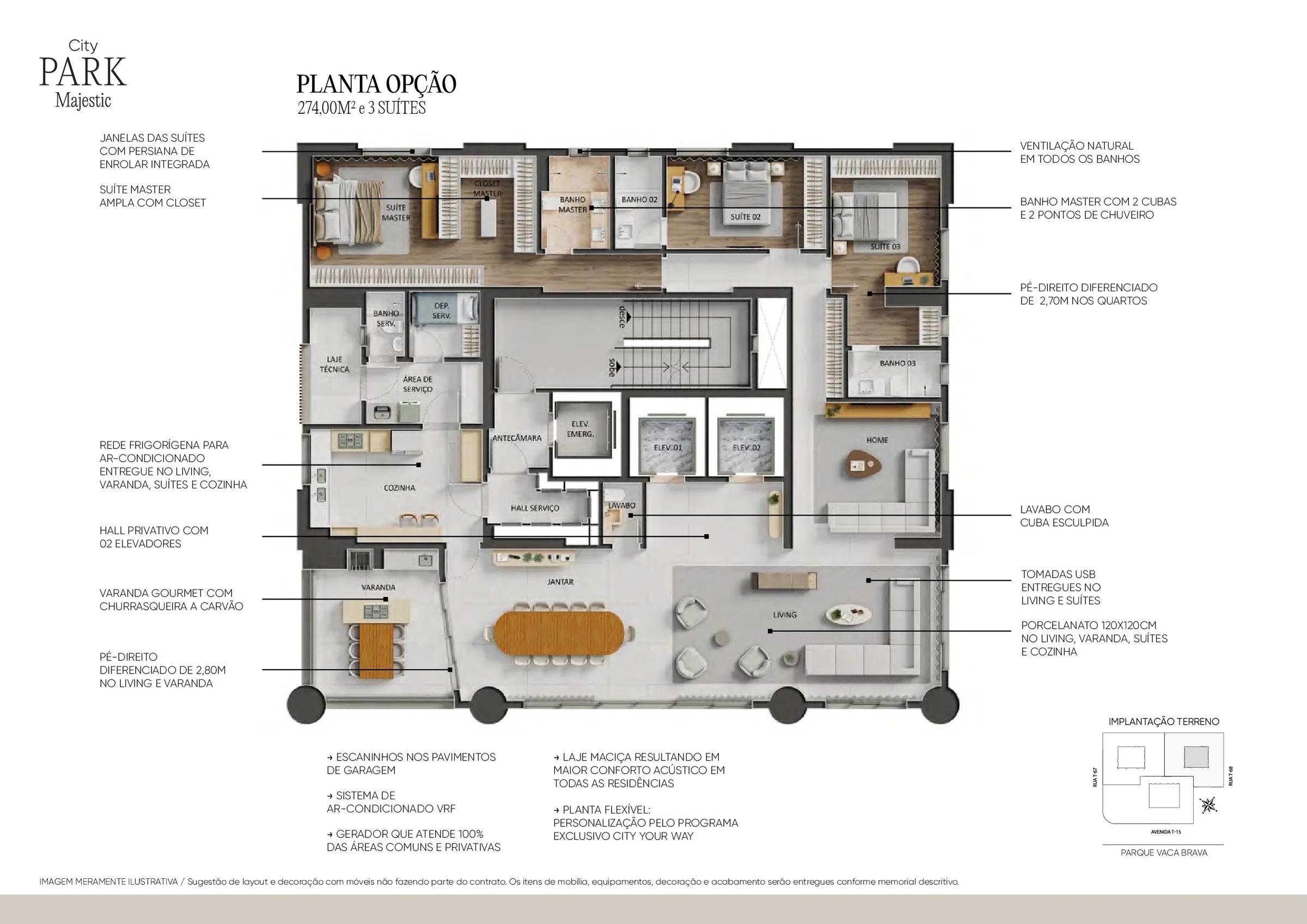Planta — Apartamento Tipo 274m² — 3 ou 4 Suítes — Opção 3 suítes