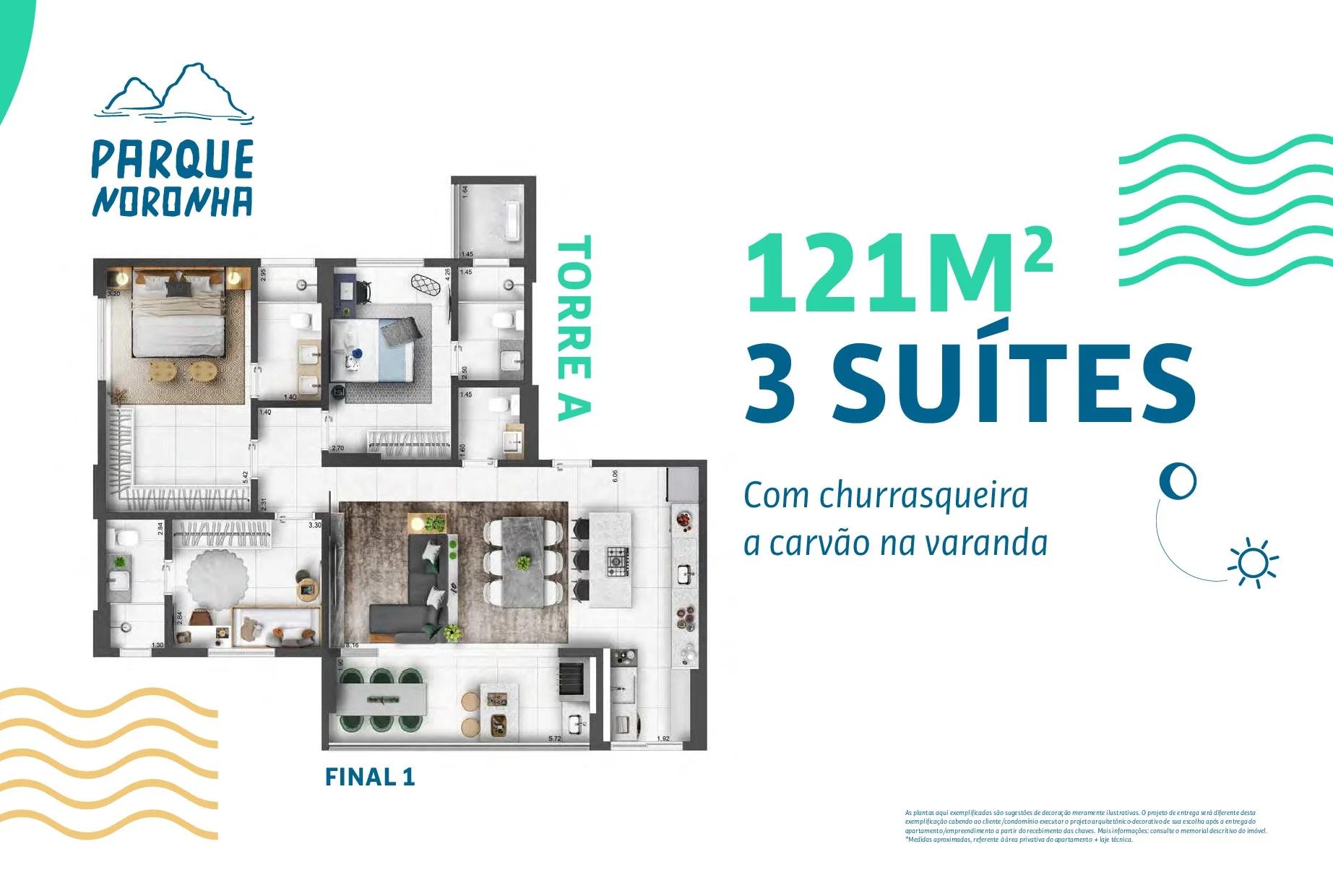 Planta — Apartamento 120 a 121m² - 3 Suítes (Torres A e B)