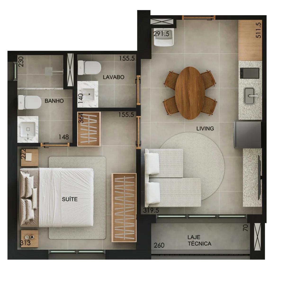 Planta — Apartamento 1 Suíte 40m² — Pavimento inferior