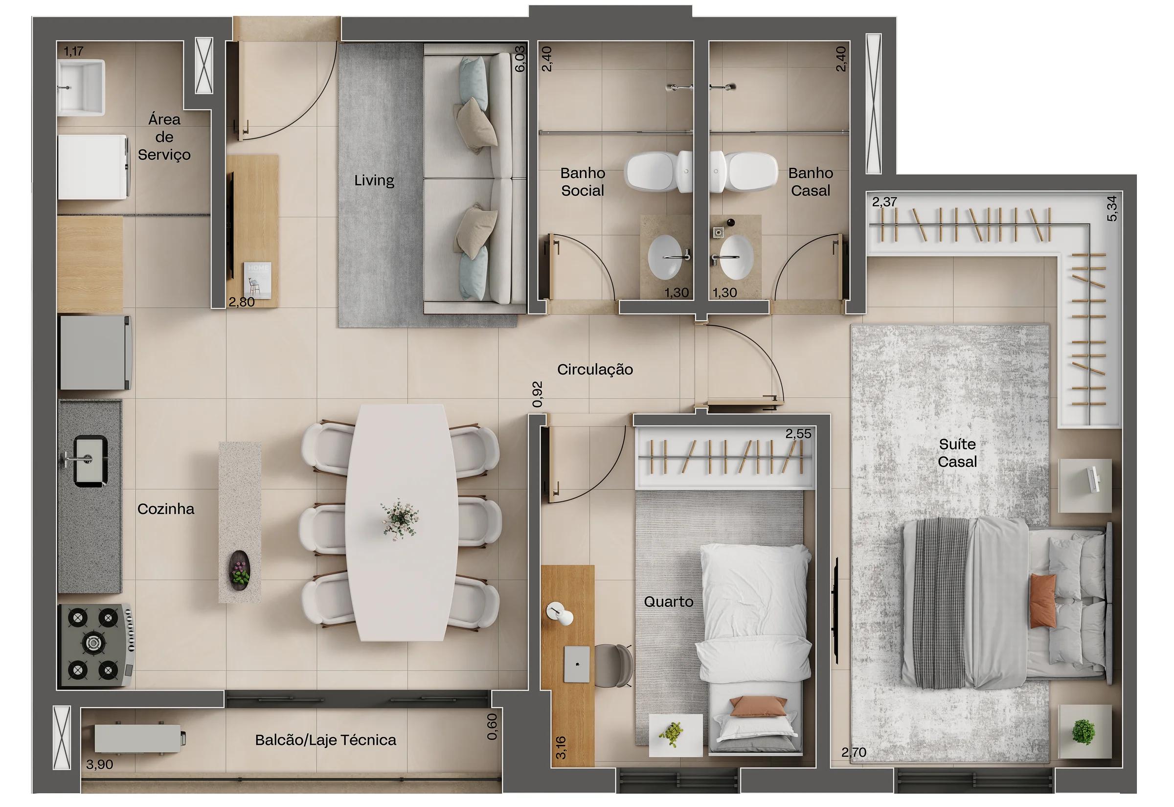 Planta — Apartamento 69m² - 2 Quartos c/ 1 Suíte + Balcão — Final 3 · 69 m²