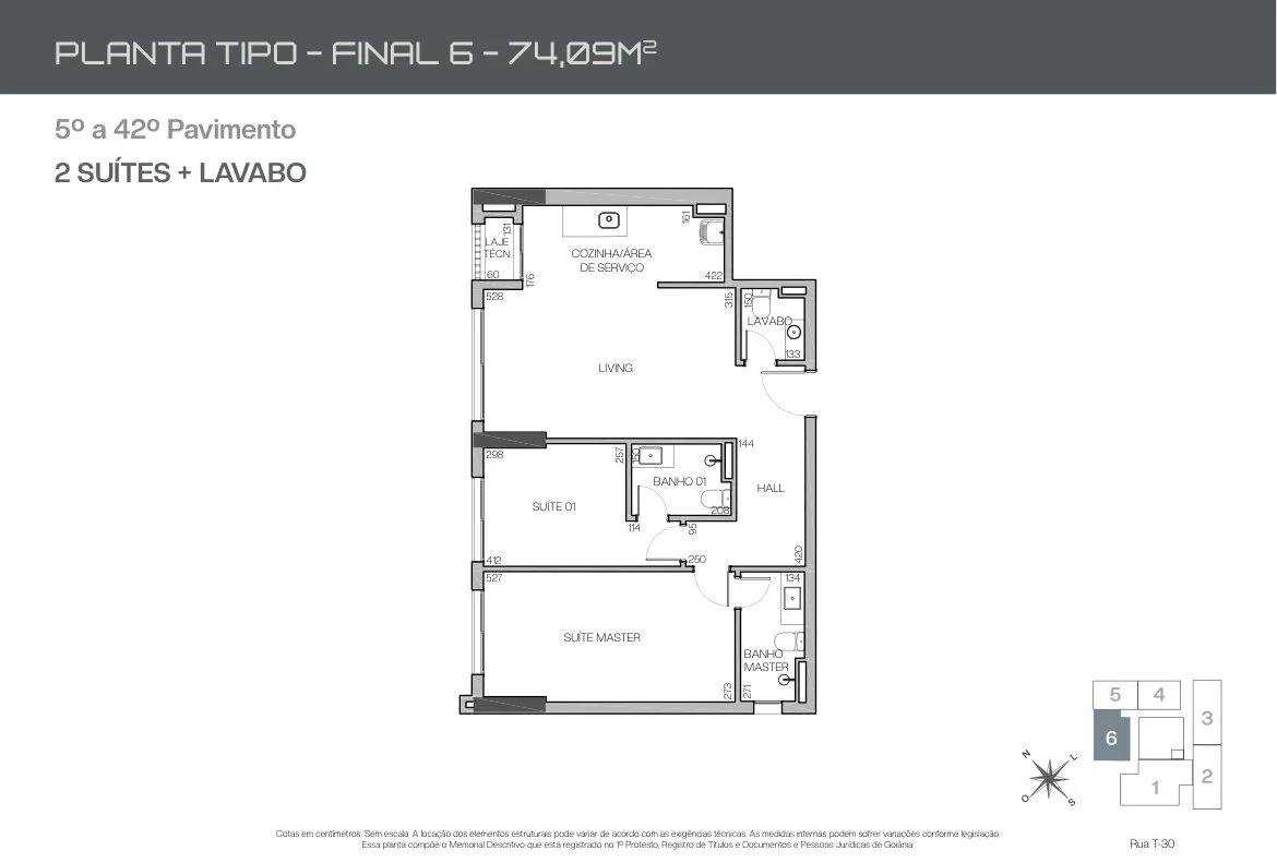 Planta — Apartamento 74m² - 2 Suítes + Lavabo — Pavimento inferior