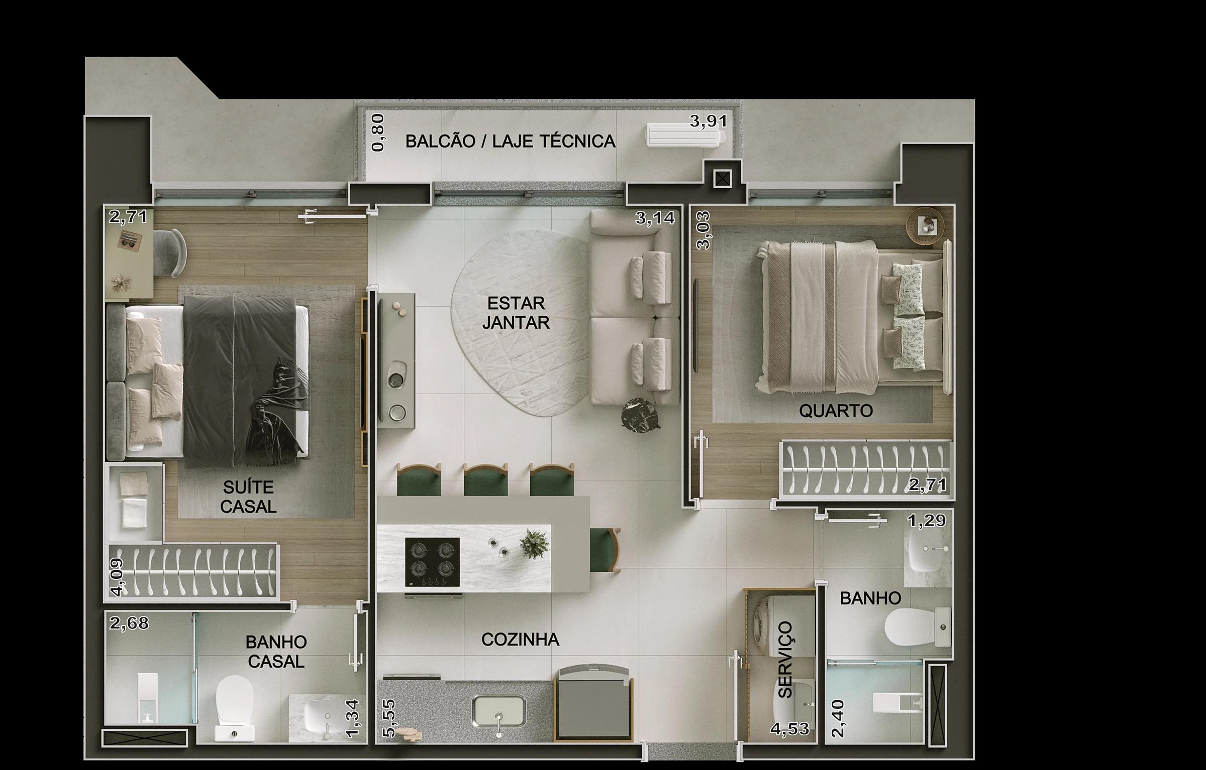 Planta — Apartamento 57m² - 2 Quartos ou 2 Suítes — 57M2-FINAL-11-12