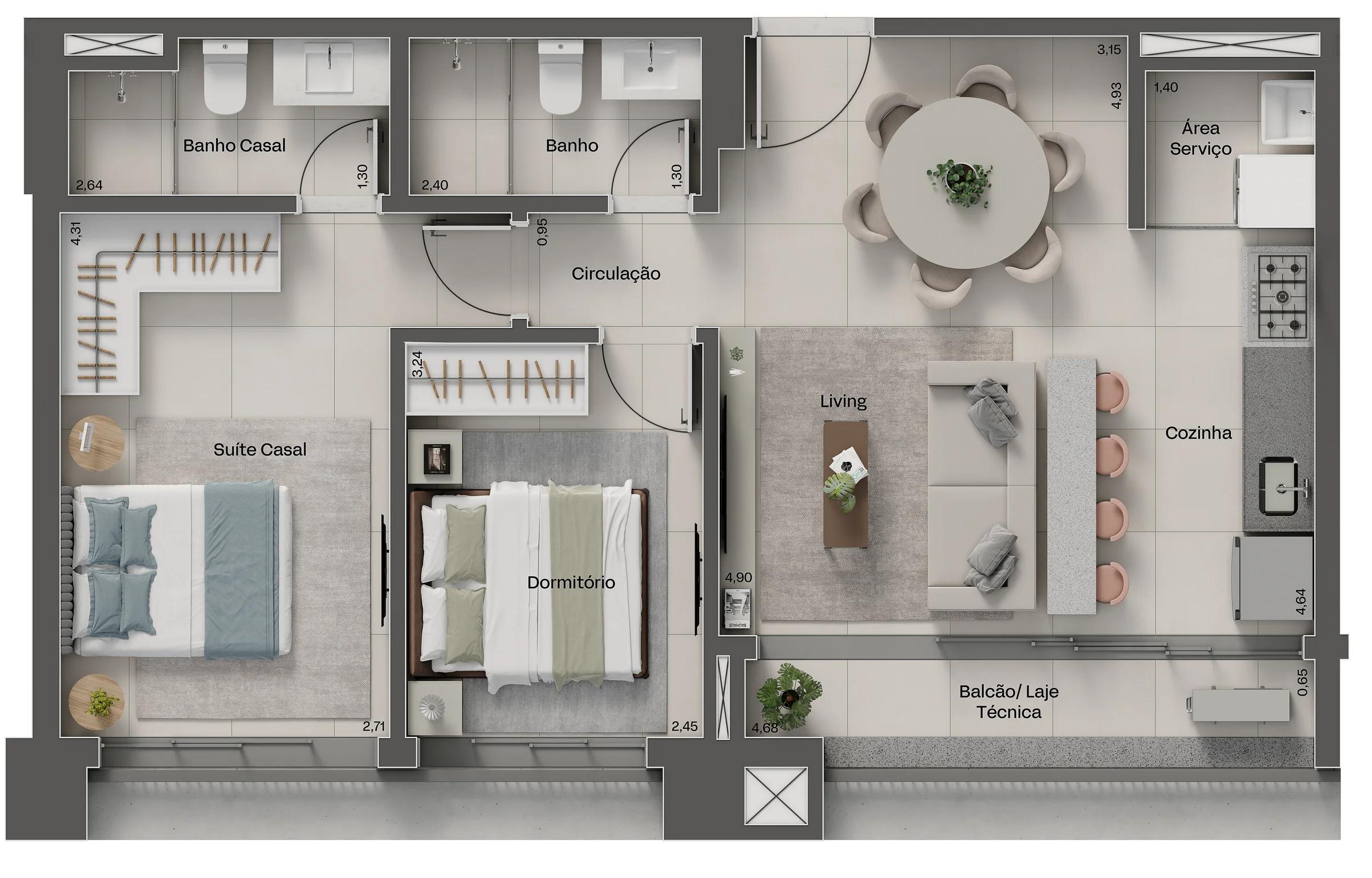 Planta — Apartamento 64m² - 2 Quartos c/ 1 Suíte + Balcão — ©DASHNDOT TER ITA PLB APTO FN 03