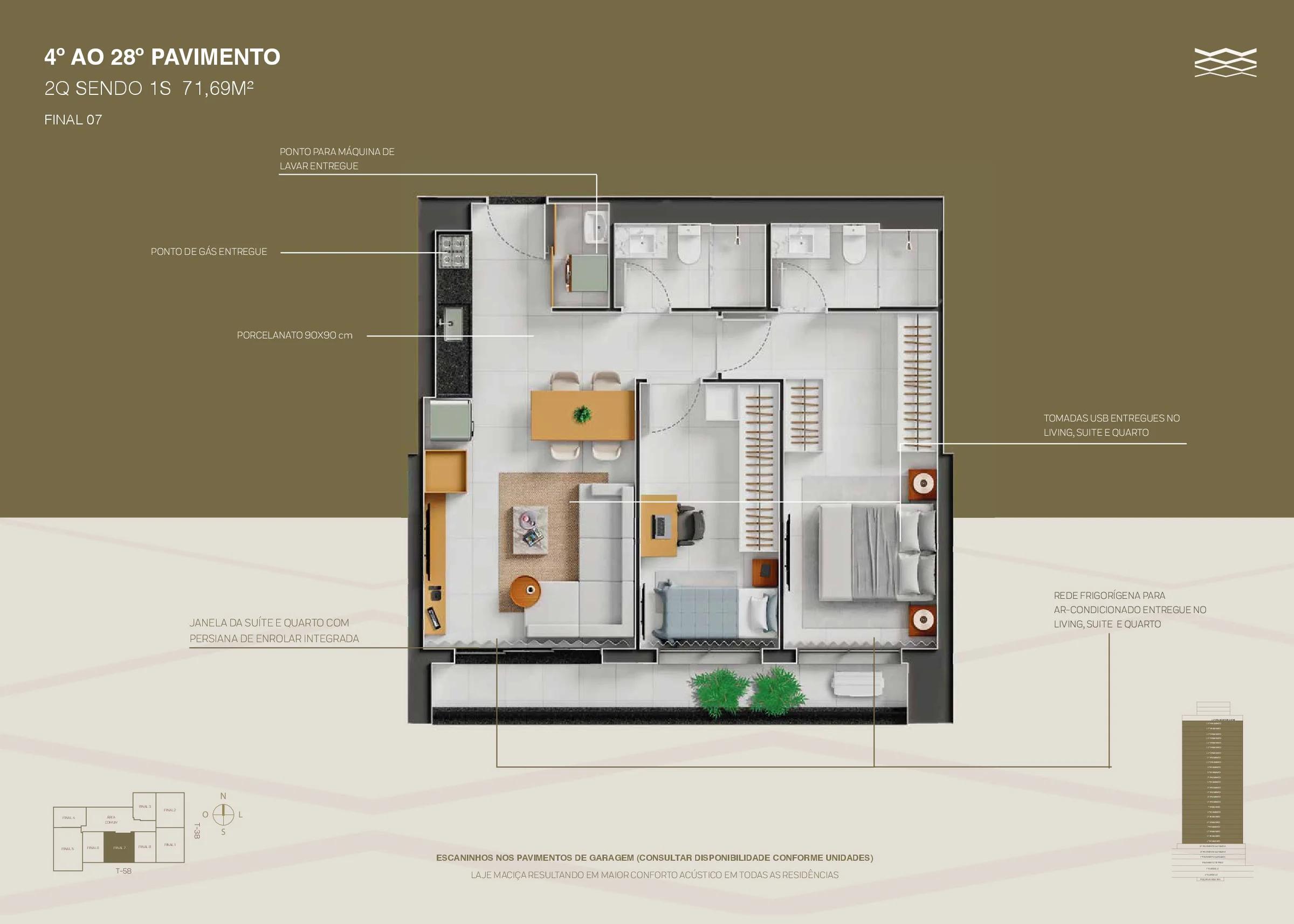 Planta — Apartamento 2 Quartos (1 Suíte) 72m² — Pavimento inferior