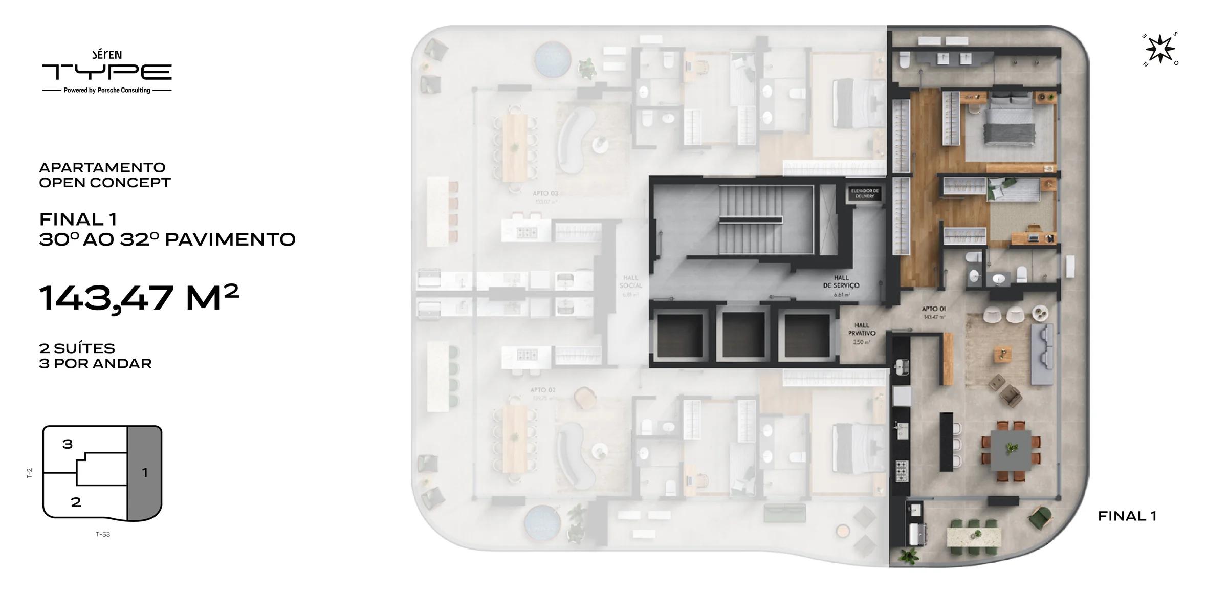 Planta — Apartamento Open Concept - 2 Suítes — Pavimento inferior