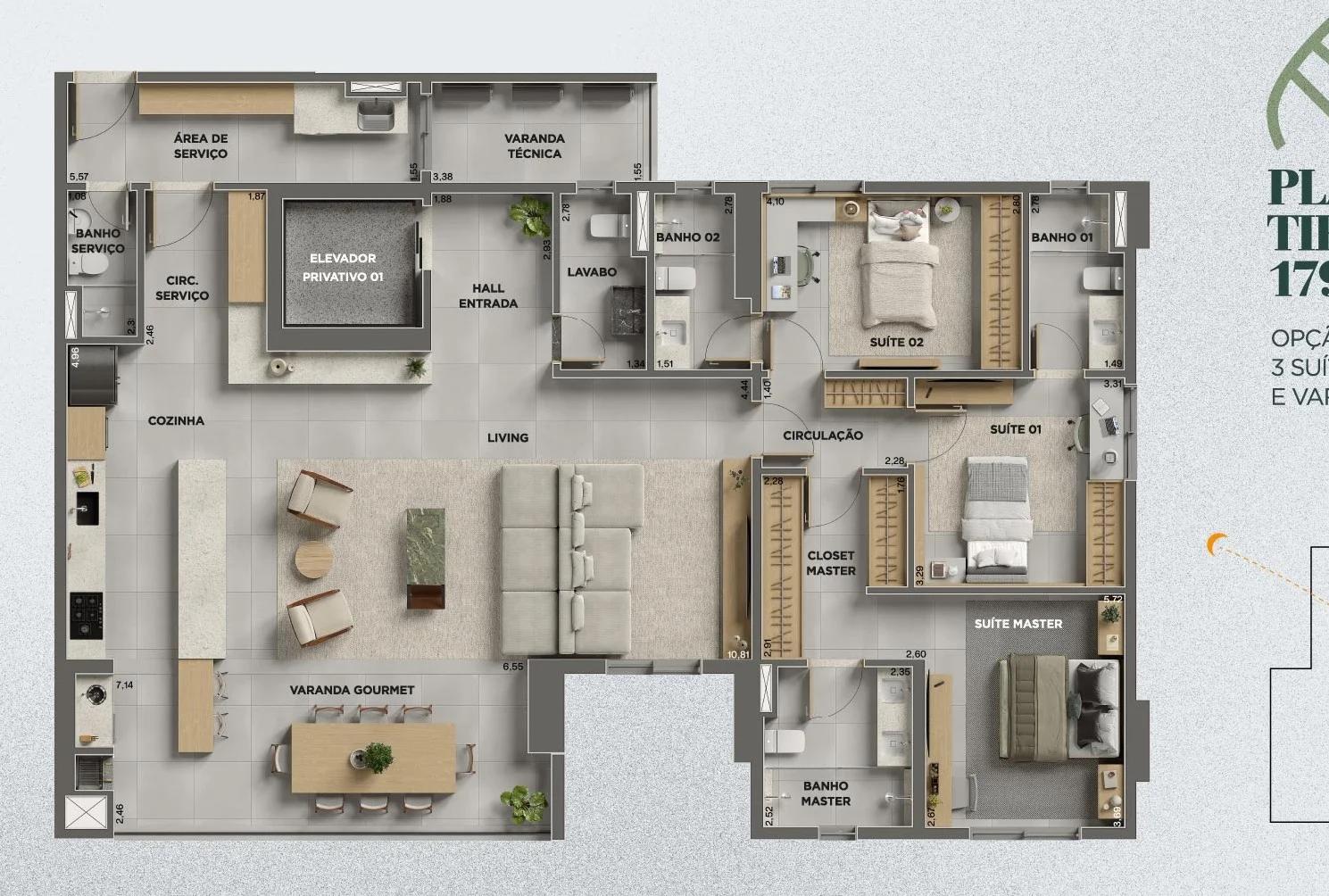 Planta — Apartamento 3 Suítes ou 4 Quartos 179m² — Final 1 · 3 suítes, cozinha e varanda integradas