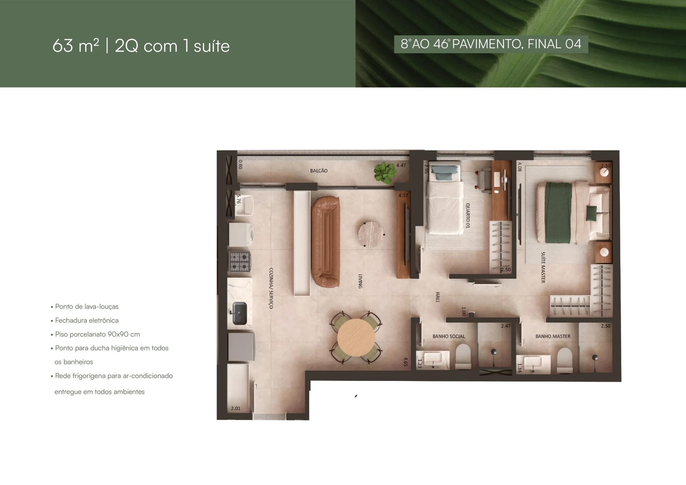 Planta — 2 Quartos (1 Suíte) - 64 m² — Pavimento inferior