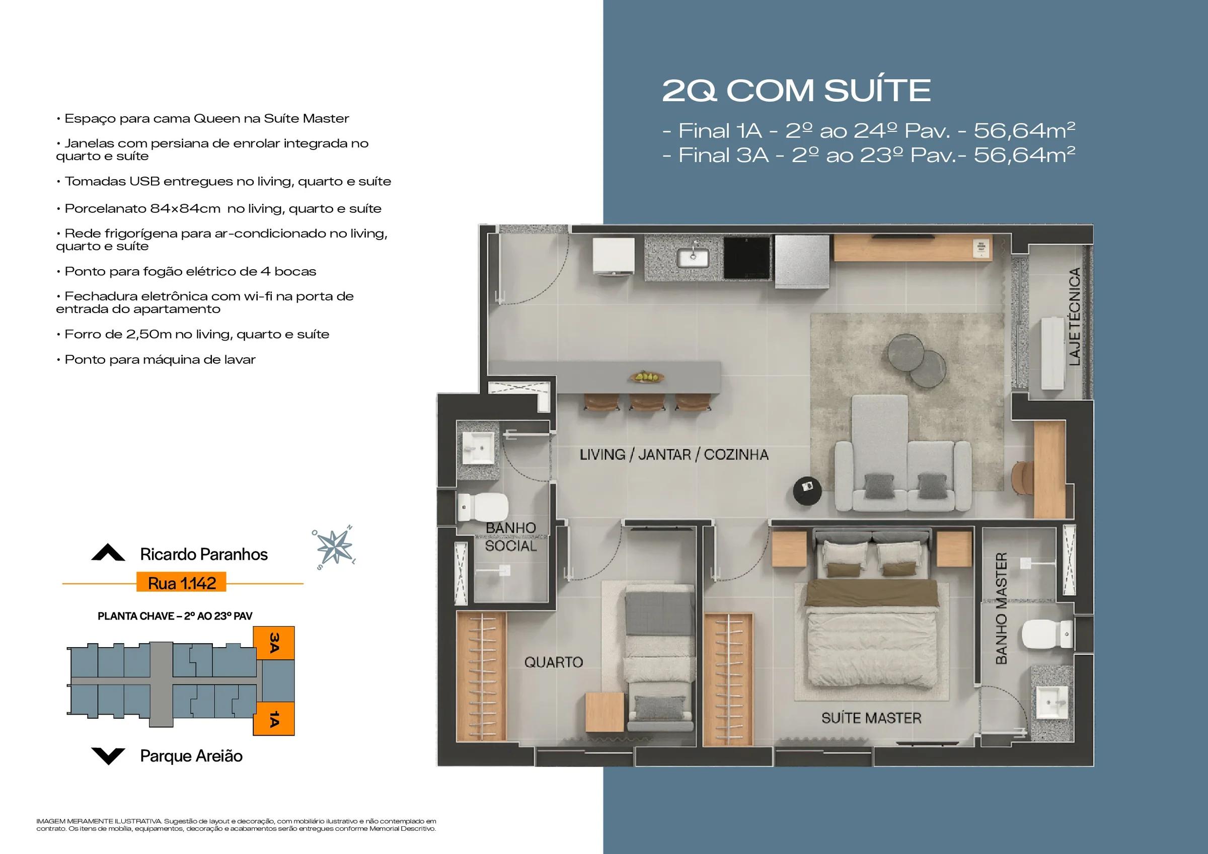 Planta — 2 Quartos com Suíte 57m²