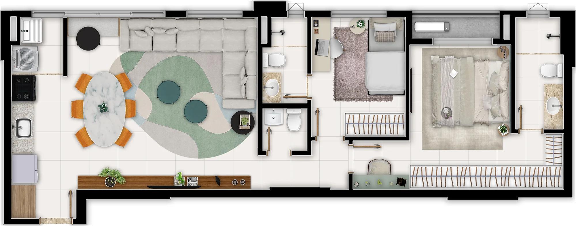 Planta — Apartamento 75m² a 76m² - 2 ou 3 Quartos — Padrão