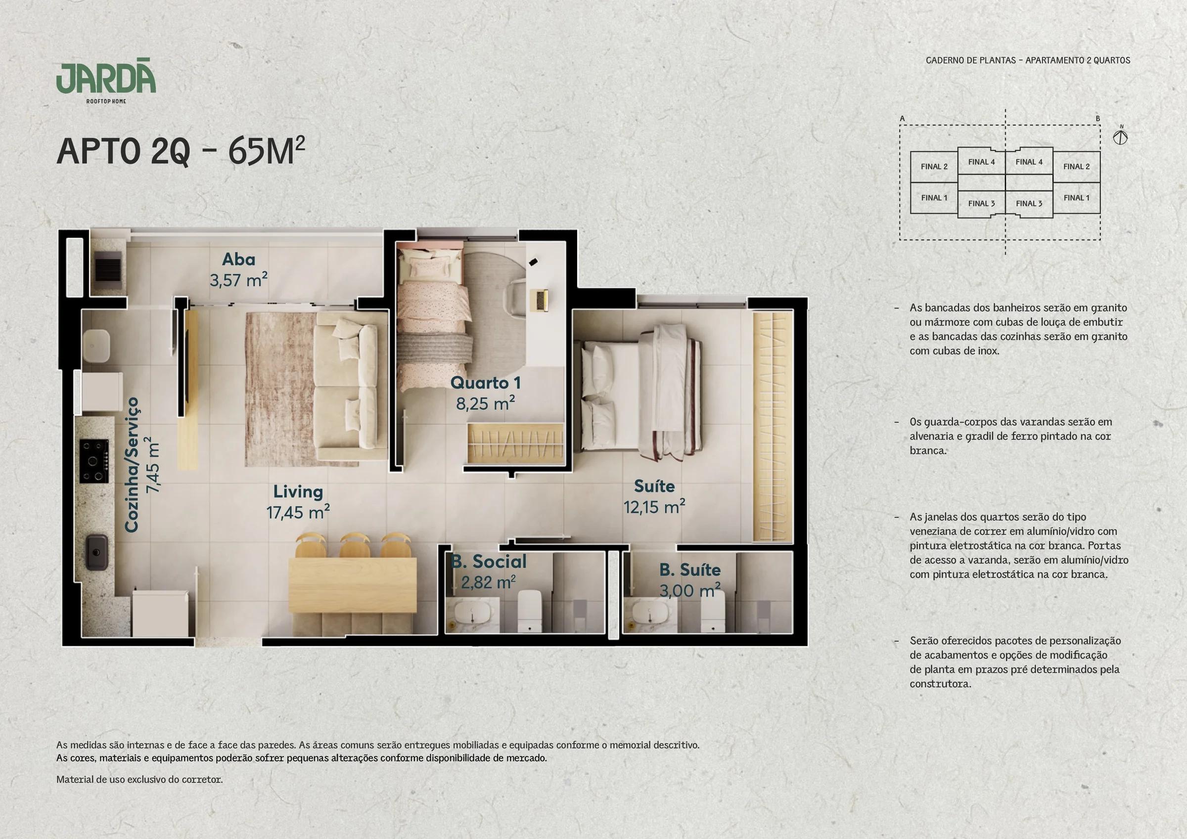Planta — Apartamento 2 Quartos com Suíte - 65m² — Pavimento inferior