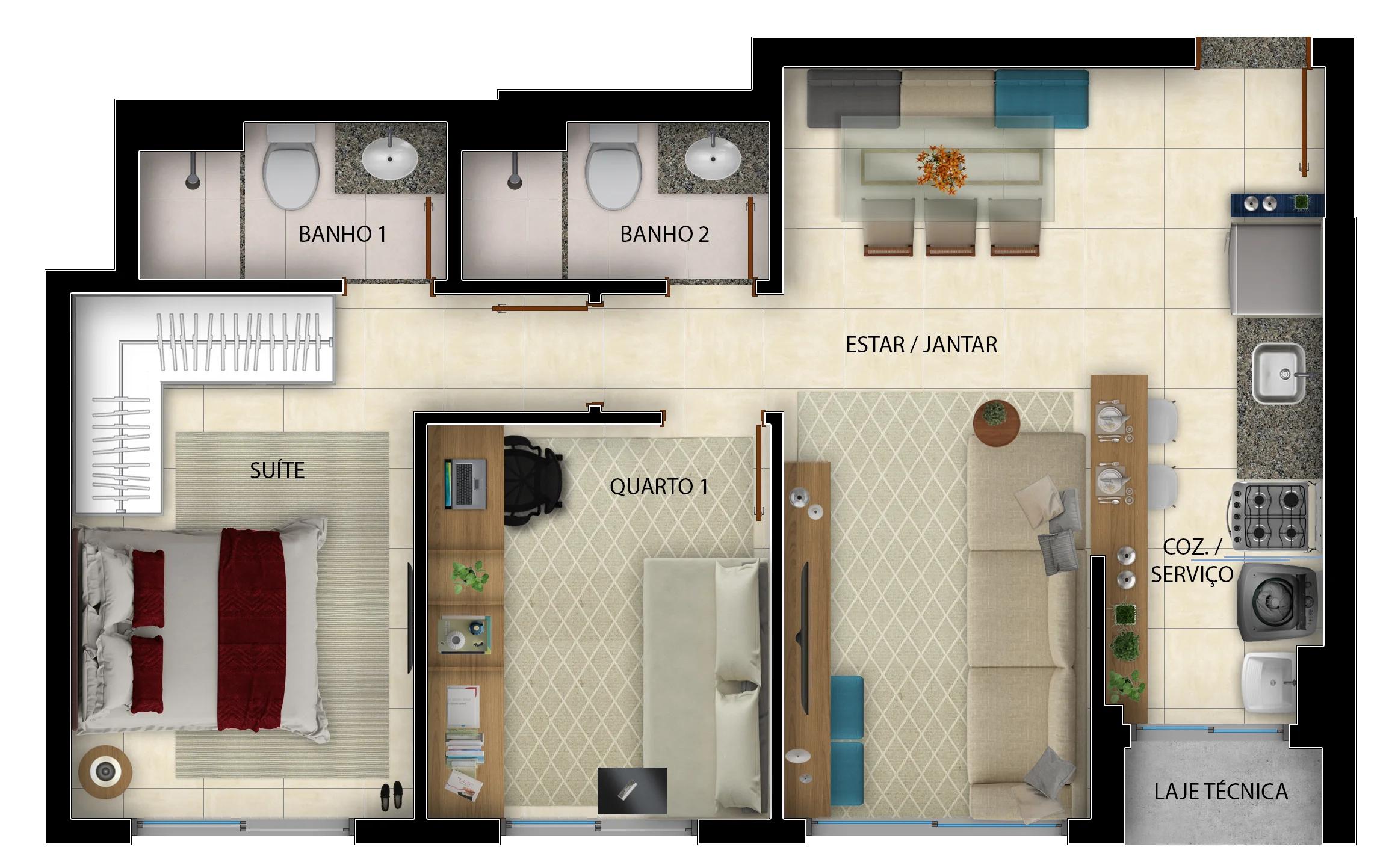 Planta — 2 Quartos - 57m² — Com escritório