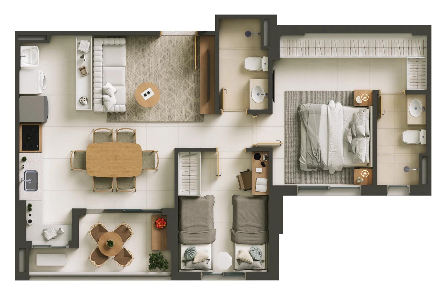 Planta — 2 Quartos - 64m² — Pavimento inferior