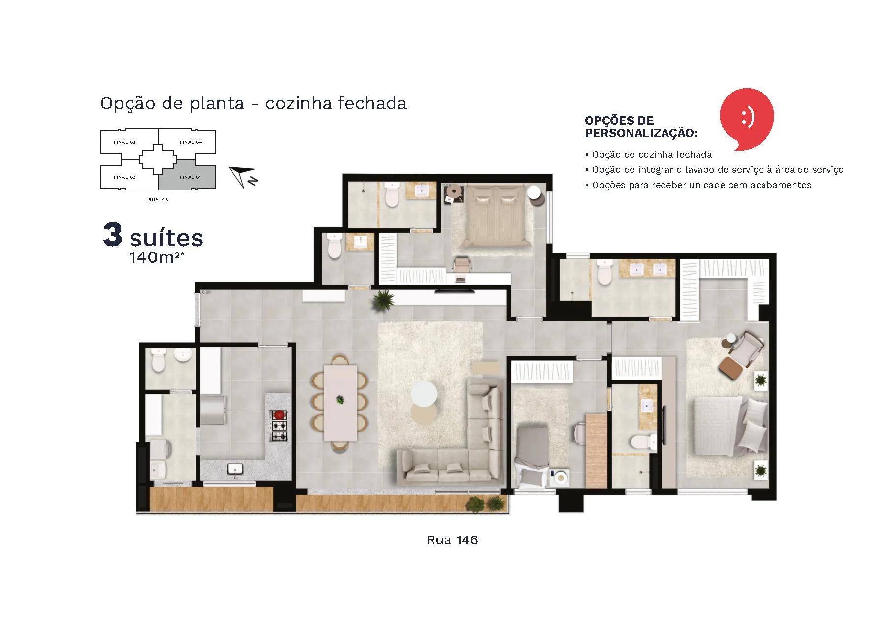 Planta — 3 Suítes - 140m² — Cozinha fechada